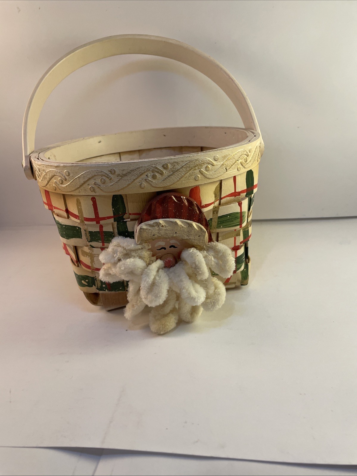 Basket With Santa Detail And Red Gold Green Paint 5” T X 6” W