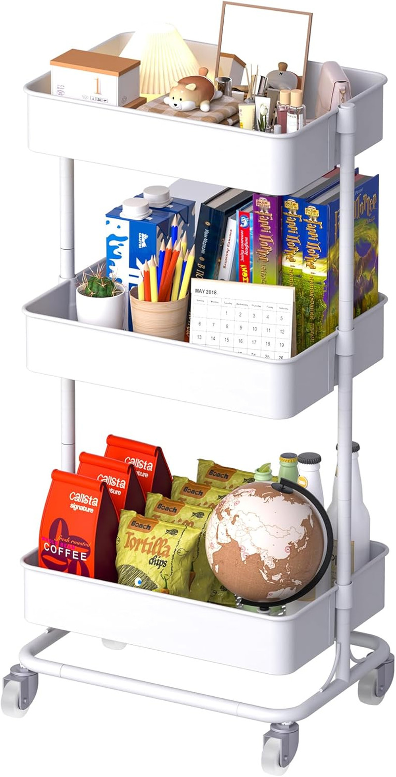 3 Tier Metal Rolling Cart with Wheels, Utility Storage Cart with Handle and Lock