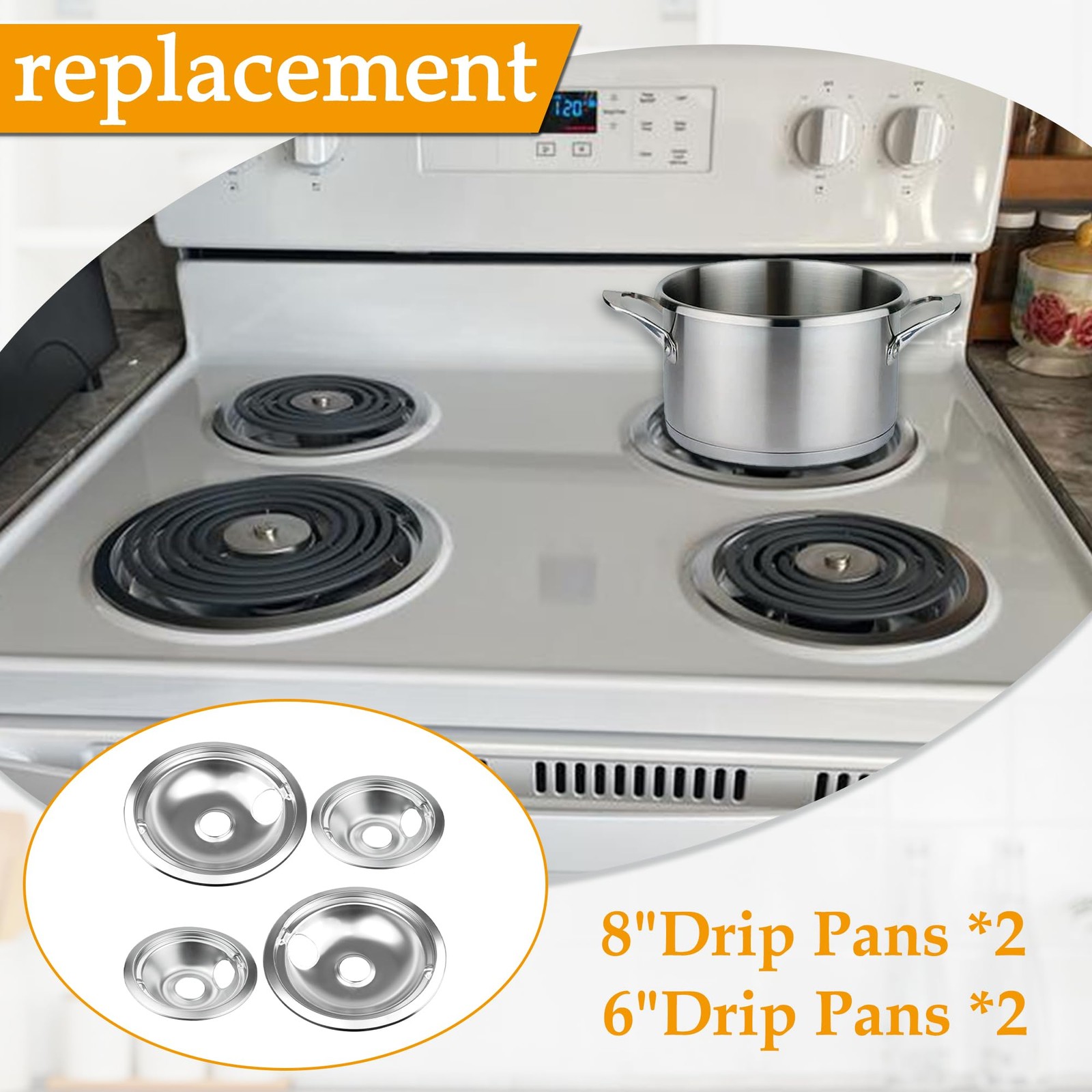 4 Pack (2) 6" & (2) 8" Electric Stove Burner Covers, Drip Chrome Pan Set Repl...