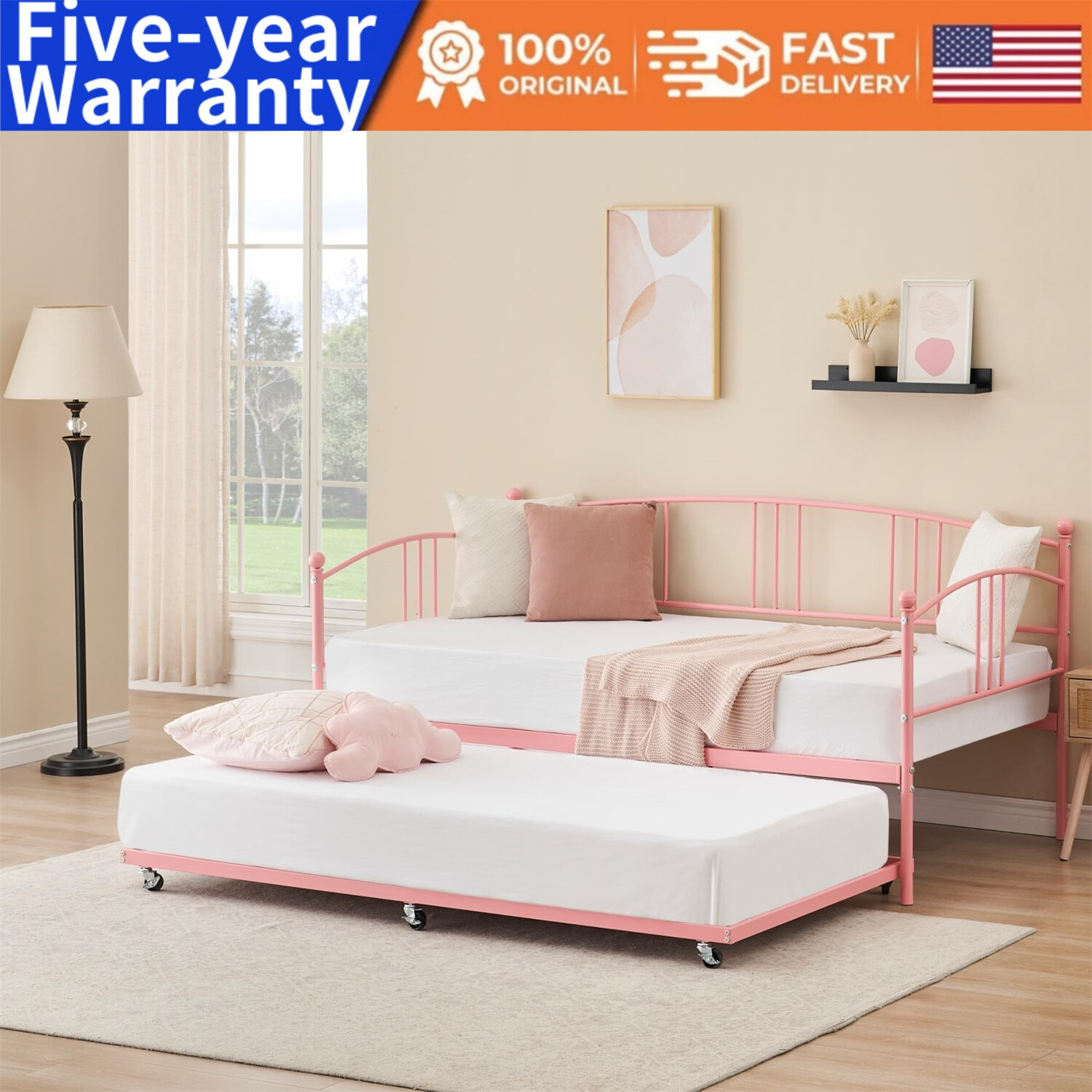 ✅Twin Metal Daybed with Trundle Pullout Trundle Bed Frame with Arched Headboard