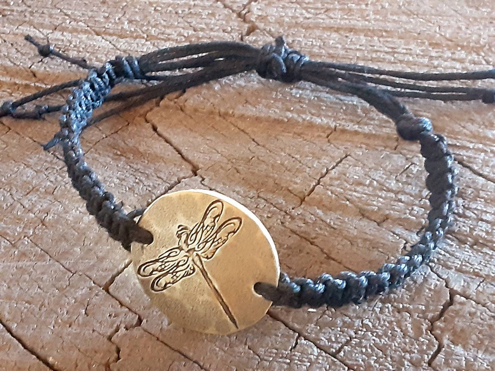 Handmade Black Hemp Bracelet: Brass Dragonfly, Adjustable Woven Design
