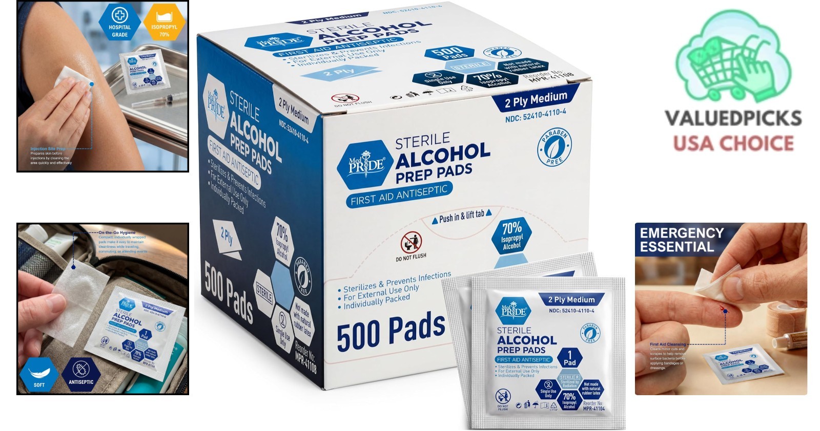 Individually-Wrapped Alcohol Prep Pads, 500 Count - Essential First Aid Supplies