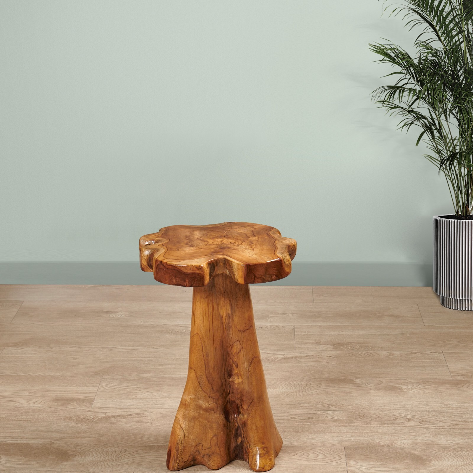 Rustic Teak Tree Stump Table – Live Edge Side Table or Stool, Natural Wood, Gift