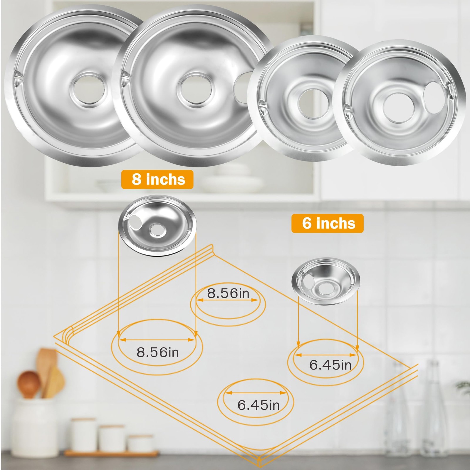 4 Pack (2) 6" & (2) 8" Electric Stove Burner Covers, Drip Chrome Pan Set Repl...