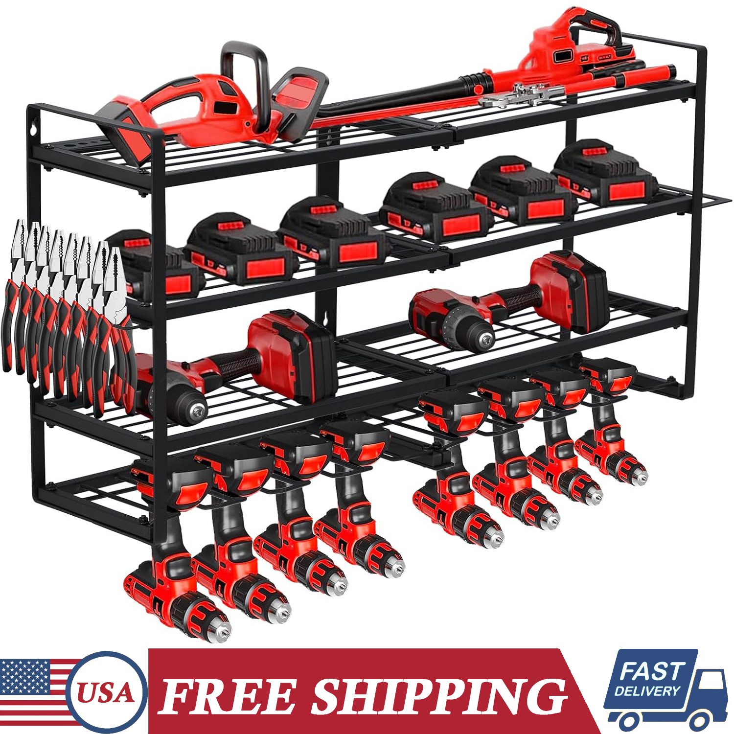 4-Layer Wall Mounted Power Tool Organizer Rack Garage Tool Storage Shelf 240lbs