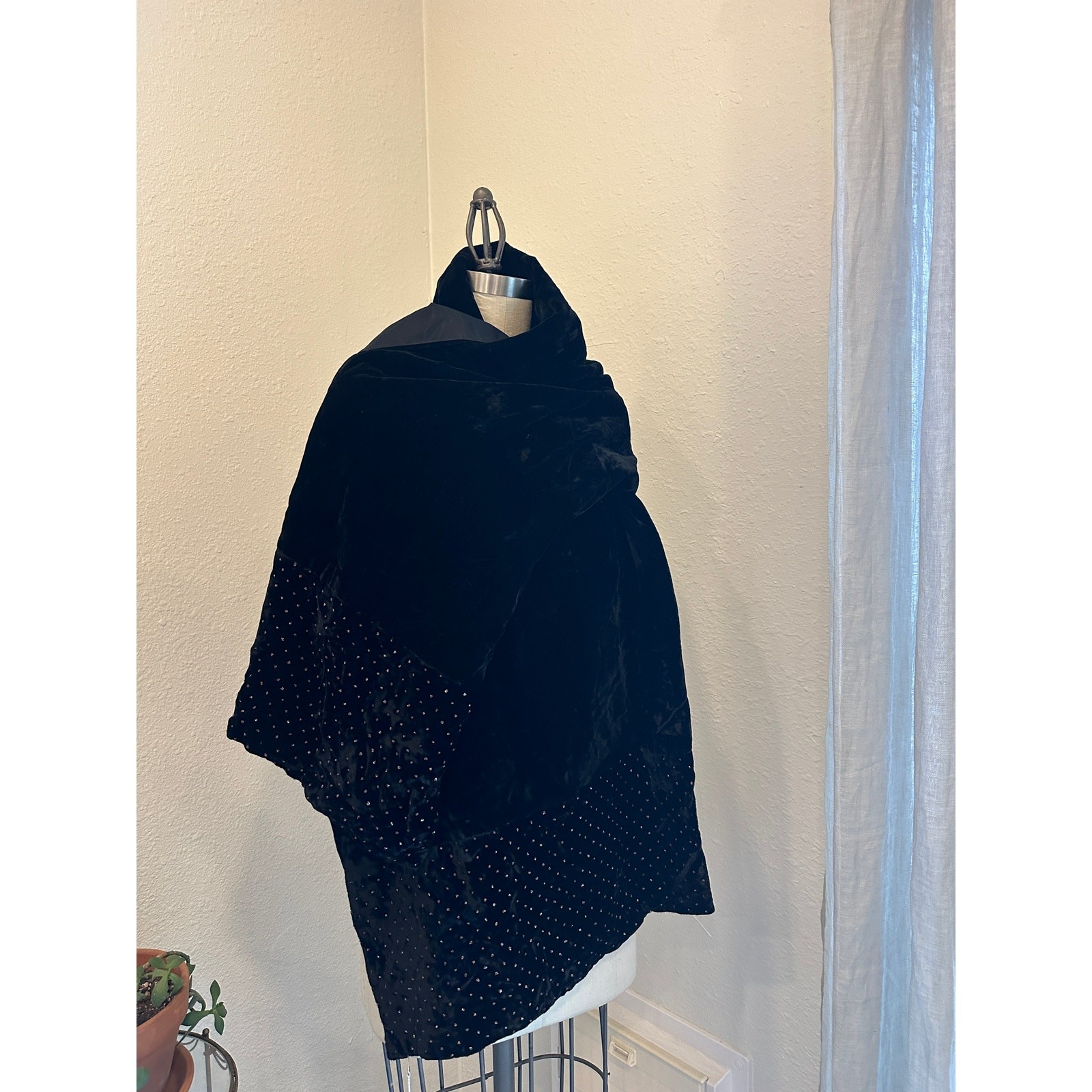 Vintage Women’s Black Velvet Scarf Studded Hem Glam