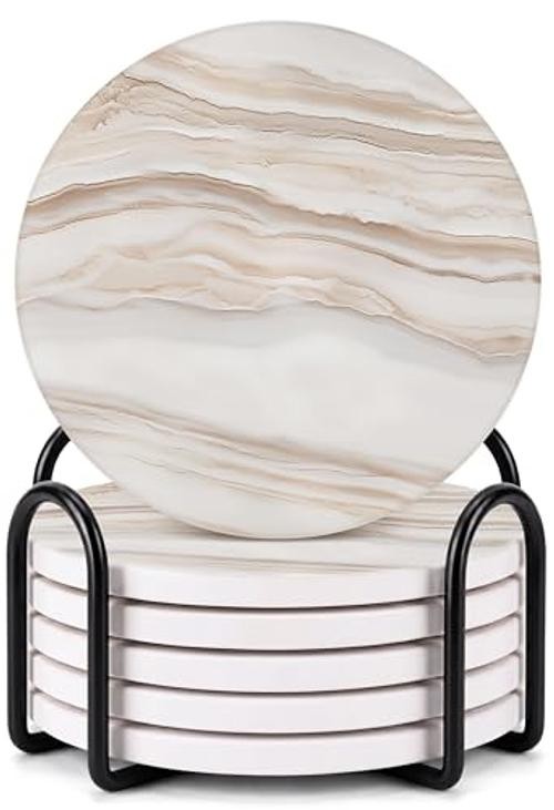 Ceramic Coasters – Absorbent Stone Drink Coasters with Set of 6 Sand Marble 2