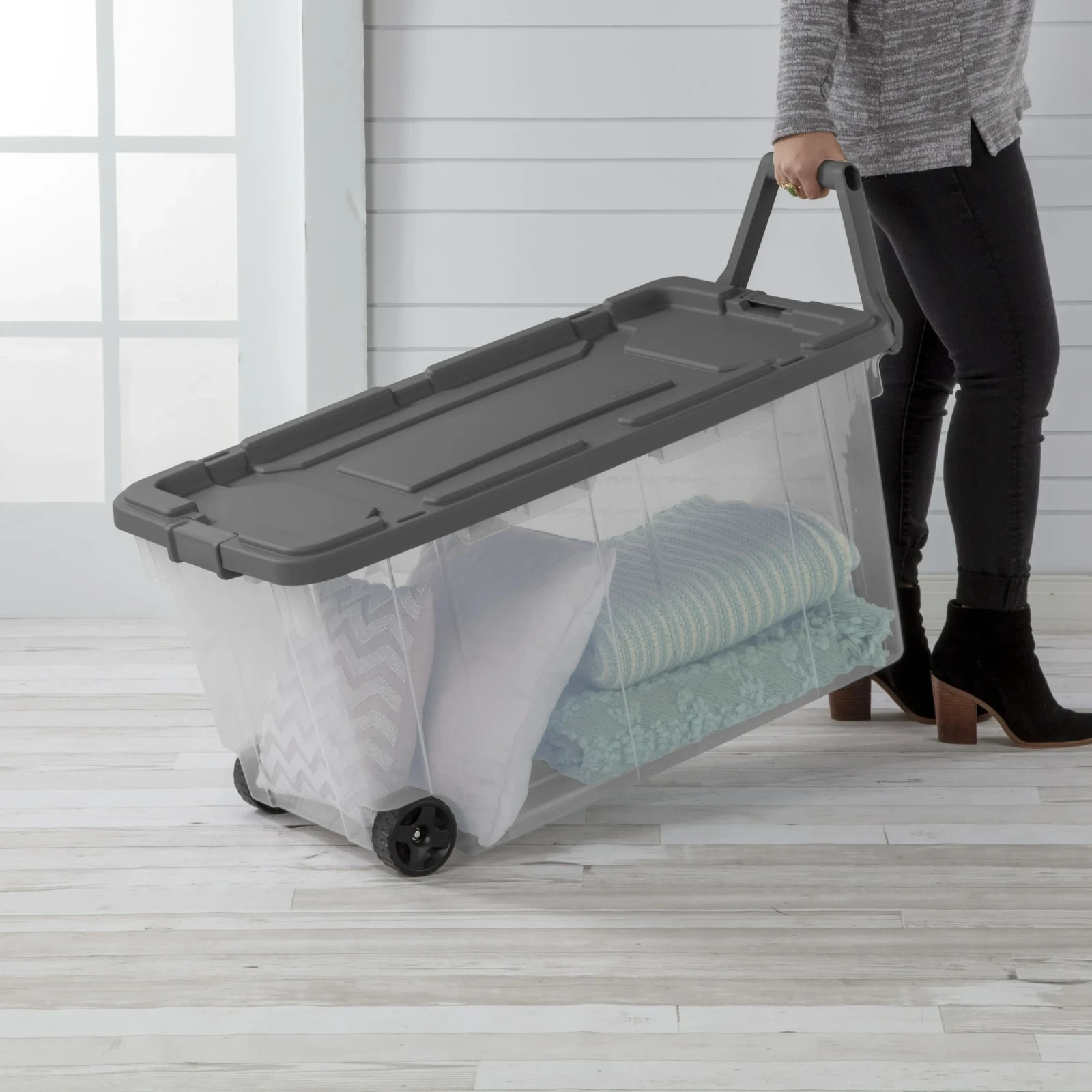 Sterilite 160 Quart Wheeled Stacker, Extra Large Durable Clear Bin, Latch Lid