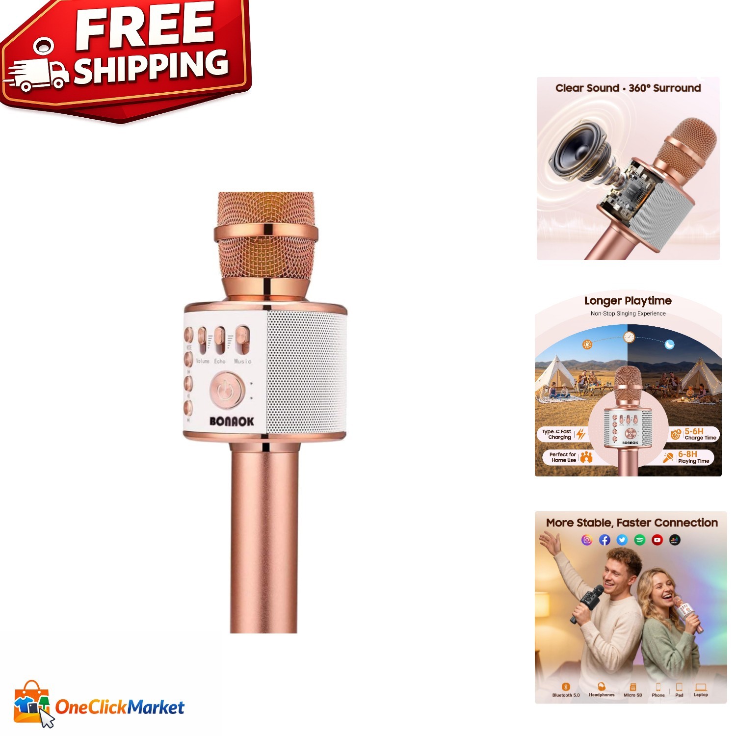 Handheld Wireless Karaoke Microphone - Rose Gold with Volume Control & Echo Mode