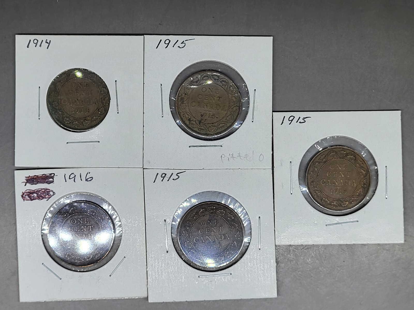 Lot of 5 Canadian Large 1 Cent Coins 1 X 1914 & 4 X 1915 Canada