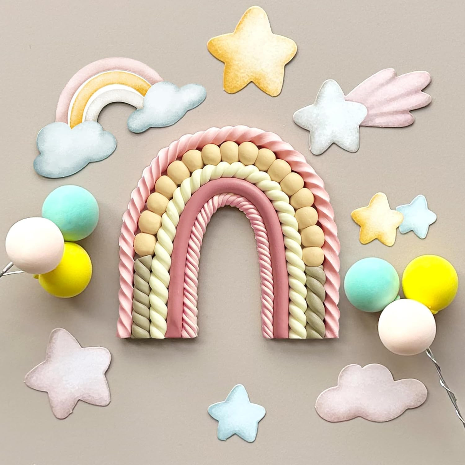 Rainbow Cake Topper with Colorful Balls Plus Cardboard Cake Decorations