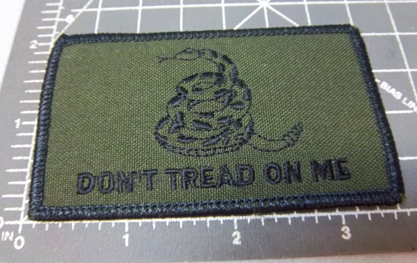 Dont Tread on Me, Iron on Embroidered Patch, Coiled Snake olive background, NEW