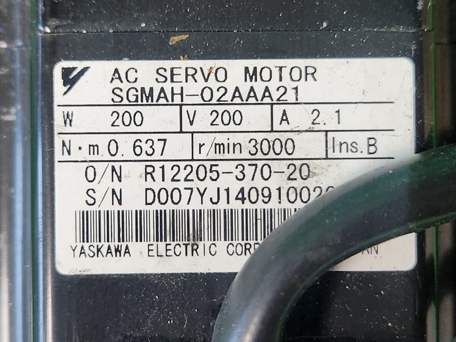 YASKAWA SGMAFH-02AAA21 AC SERVO MOTOR, USED