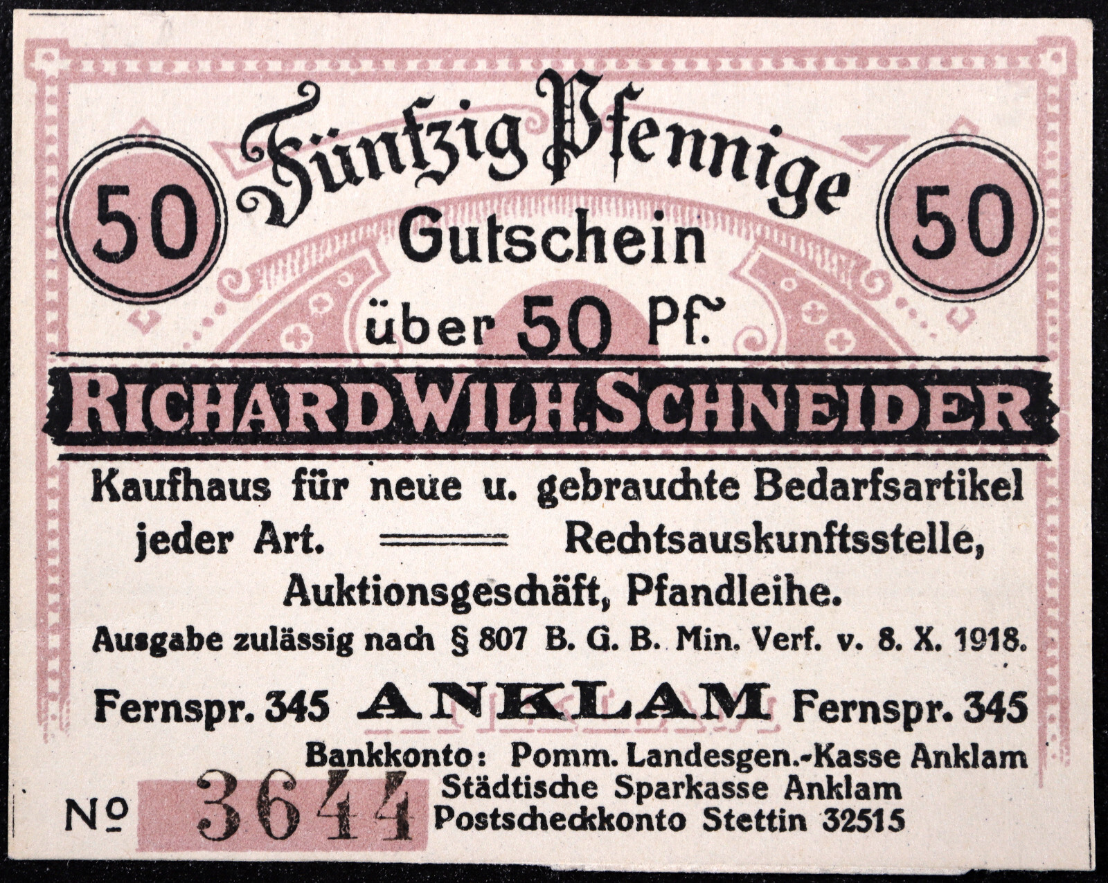 ANKLAM 1920 "Richard Wilh. Schneider Kaufhaus" Rare 50 Pfennig German Notgeld