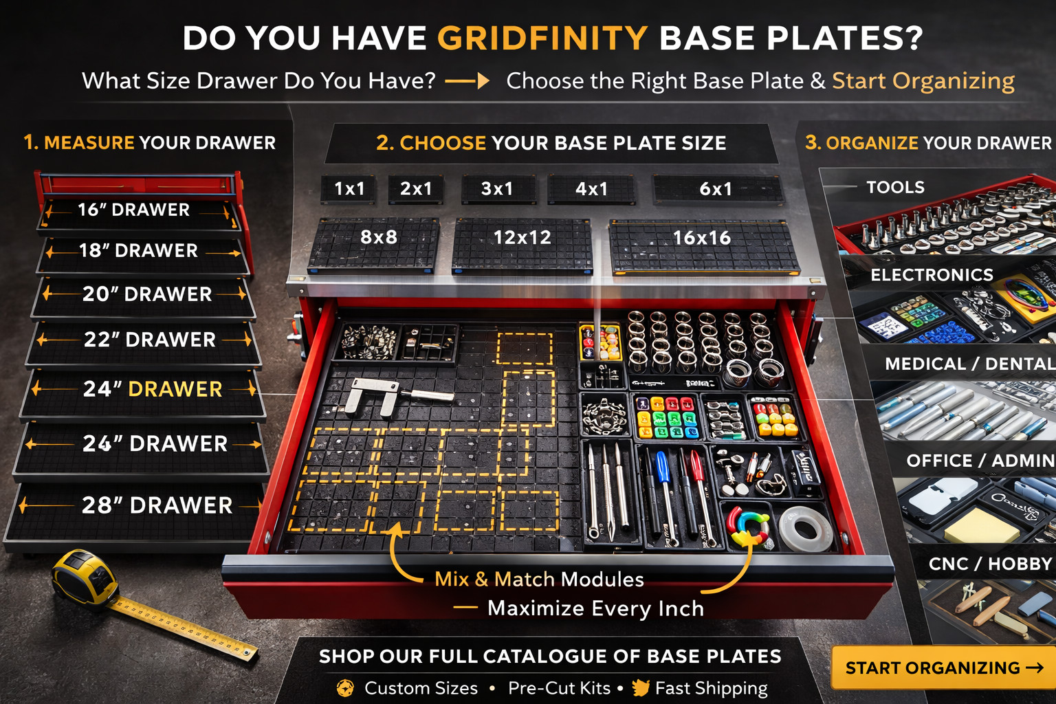 Gridfinity 1×1 Bin Modular Drawer Storage | 3U 6U 9U | Fits Standard Base Plates