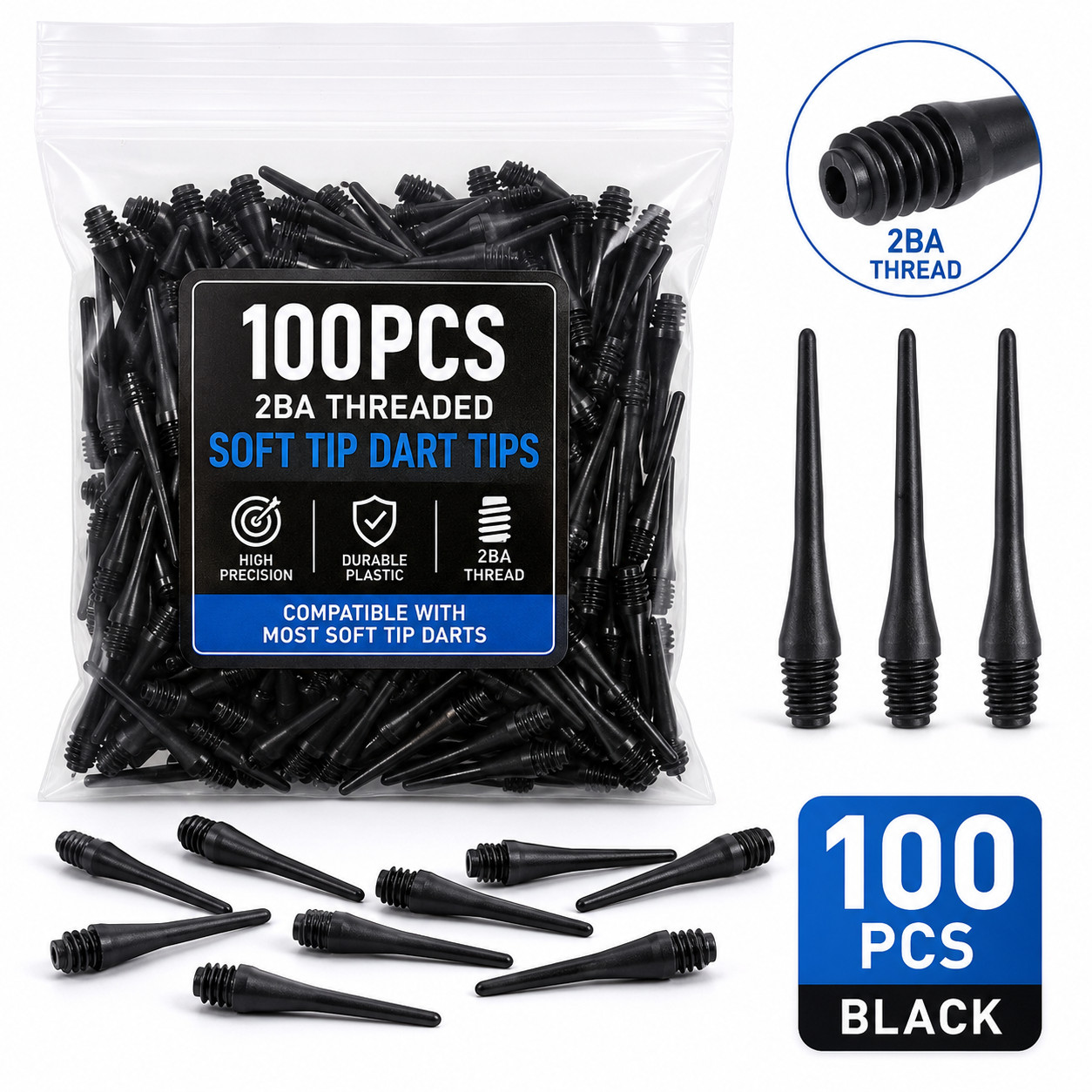 100pcs 2ba Soft Tip Dart Tips 2ba Threaded Plastic Replacement Black Precision