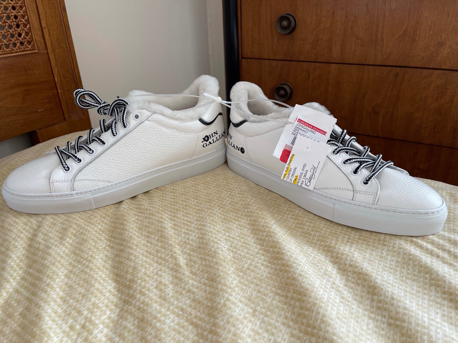 NIB JOHN GALLIANO Mens White Leather Shearling Fur Lined Sneakers US9/EU42 ITALY