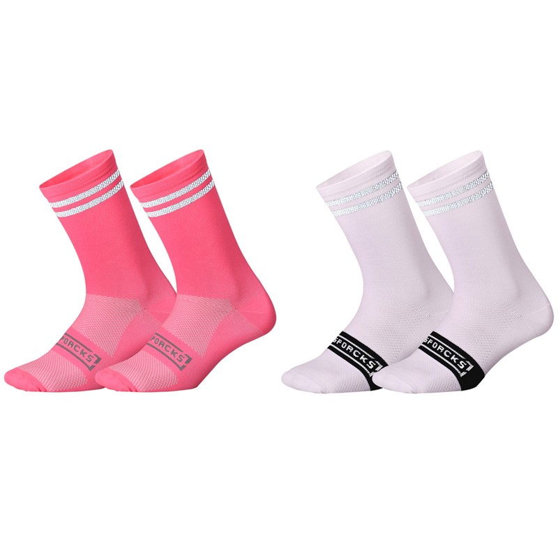 2 Pairs Reflective Cycling Socks Bicycle Bike Riding Sports Socks XC White Pink