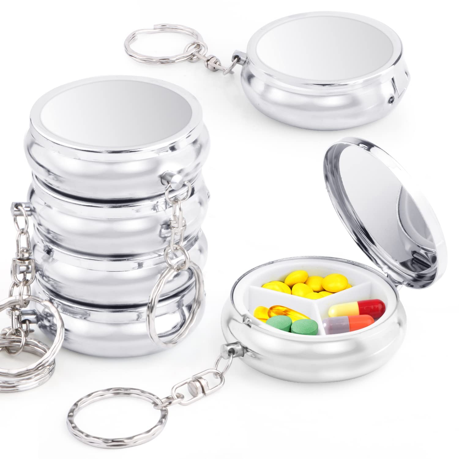 6 Pack Metal Pill Case Round Medicine Holder 52x16 mm/ 2.05x0.63 Inch, Silver