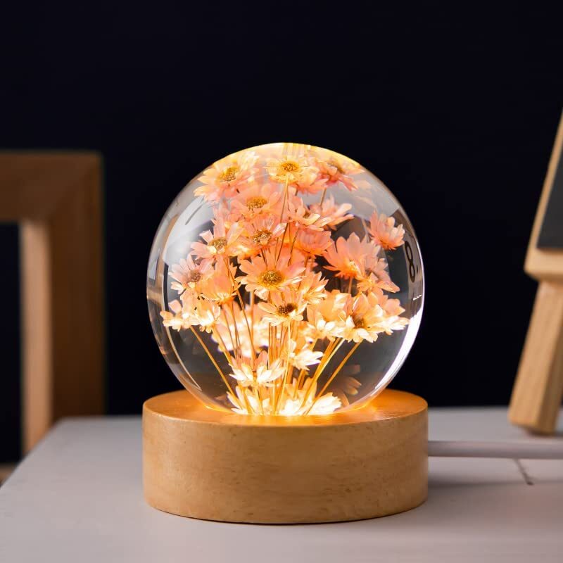 Red Daisy Preserved Flower Crystal Ball Bedside Night Light Lamp