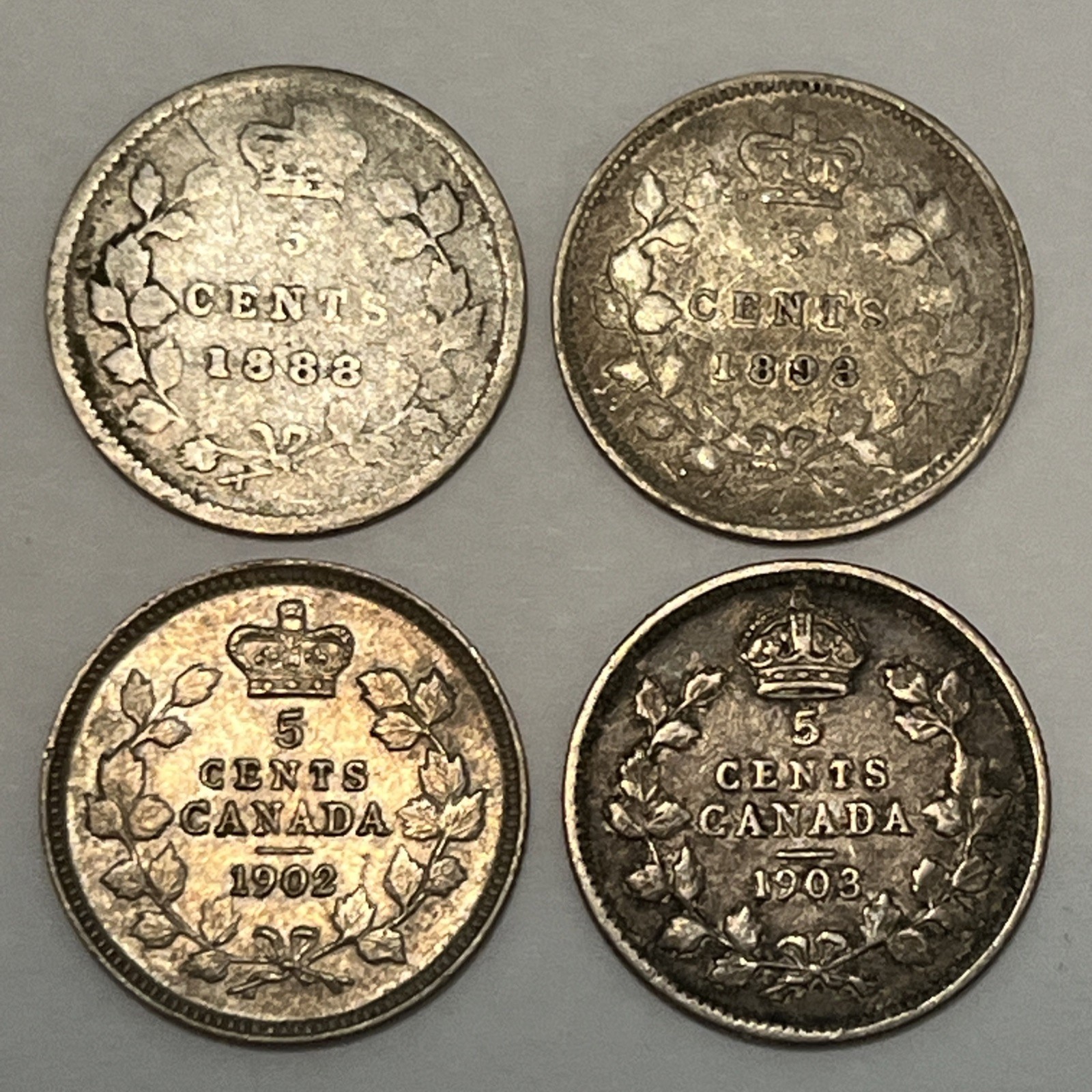 CANADA 1888 1893 1902 1903 5c Queen Victoria & King Edwards VII Silver 4 Coins