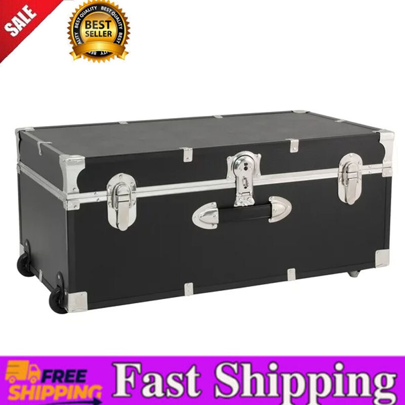 25 Gallon Plastic/Metal Footlocker Trunk With Wheels & Lock Black Storage Trunk