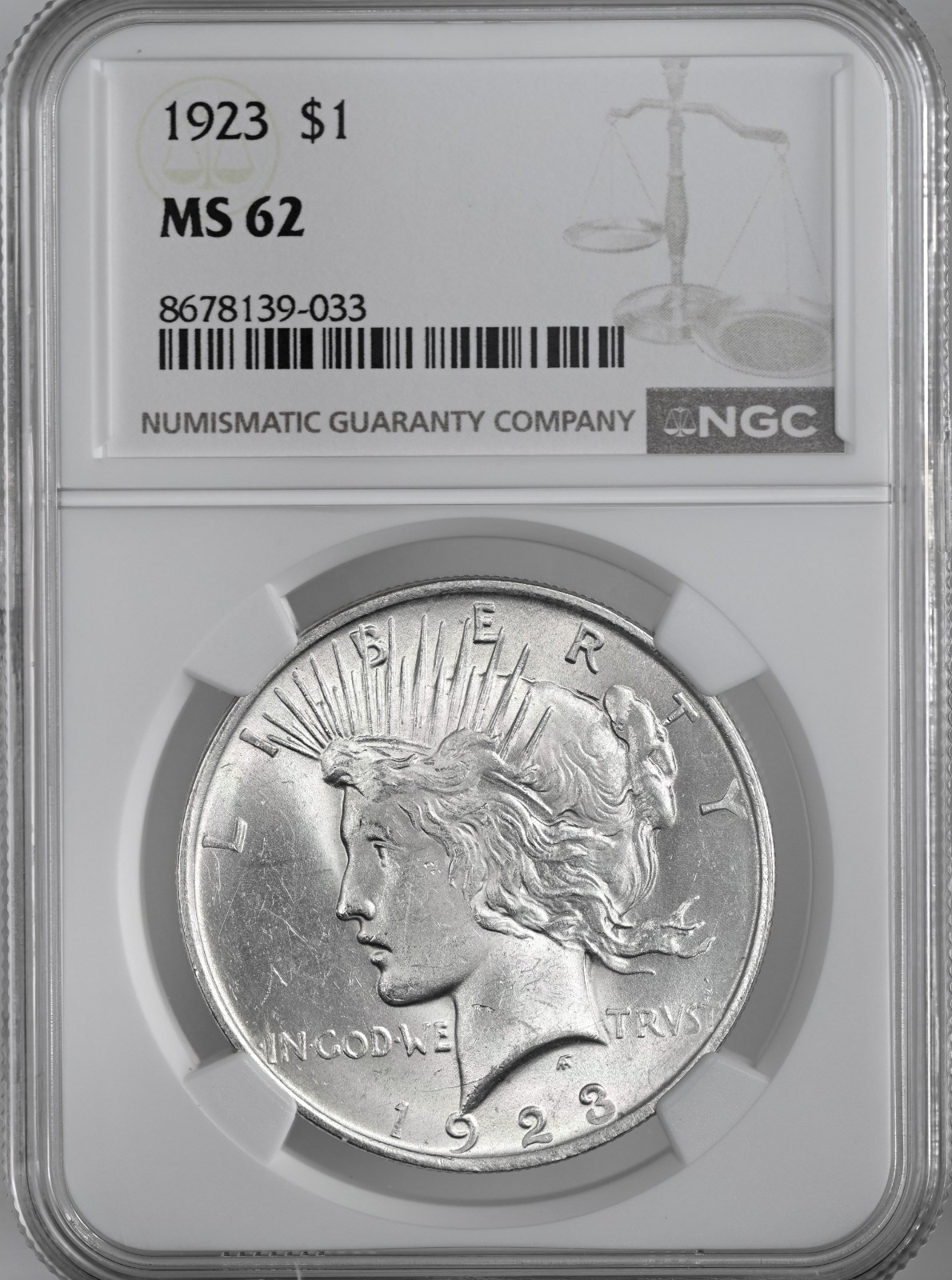 1923-P  $1 PEACE SILVER DOLLAR  "PHILADELPHIA MINT"  NGC MS62 #8678139-033