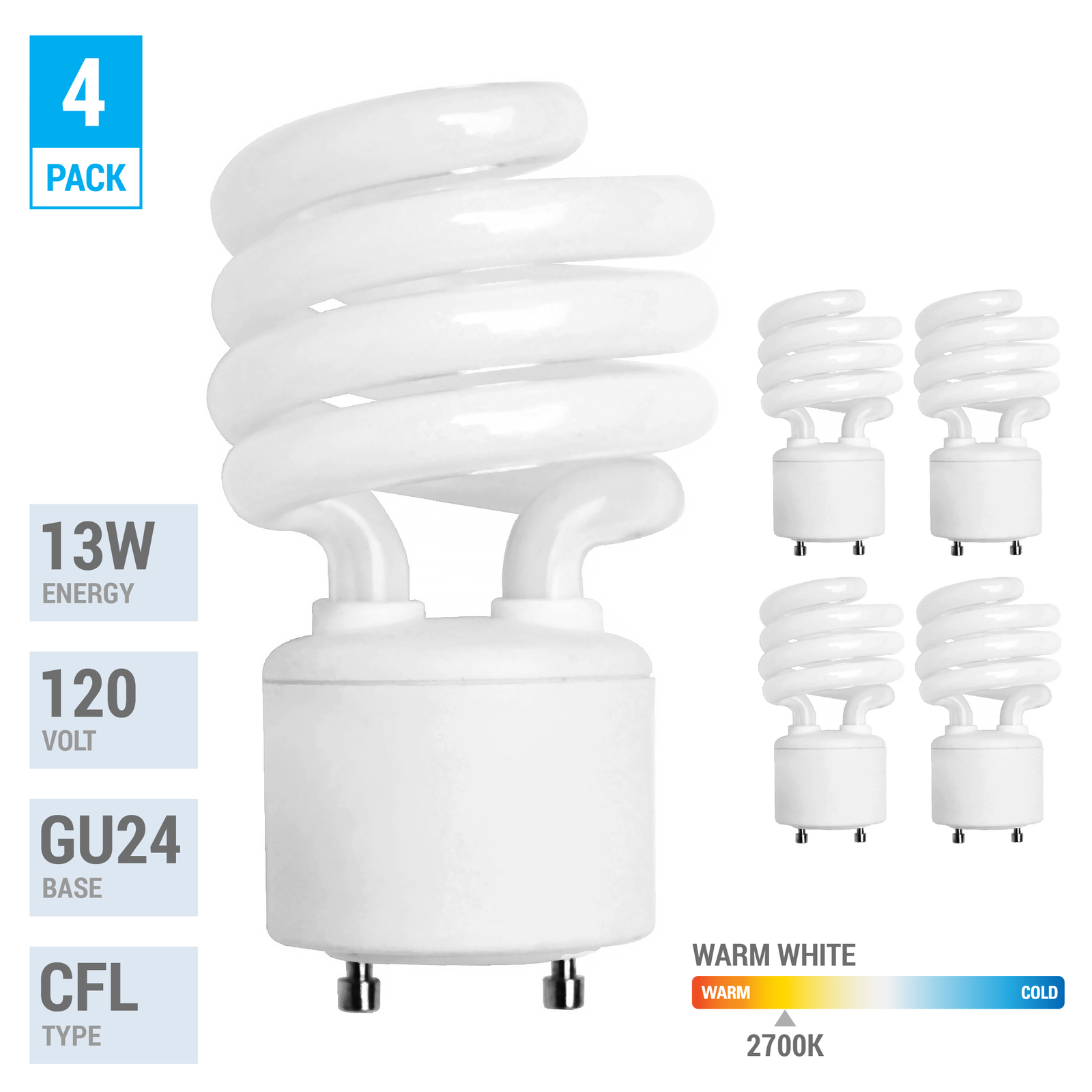 4 Pack Spiral CFL Fluorescent 13 Watt =60W Twist and Lock GU24 2700K Warm White