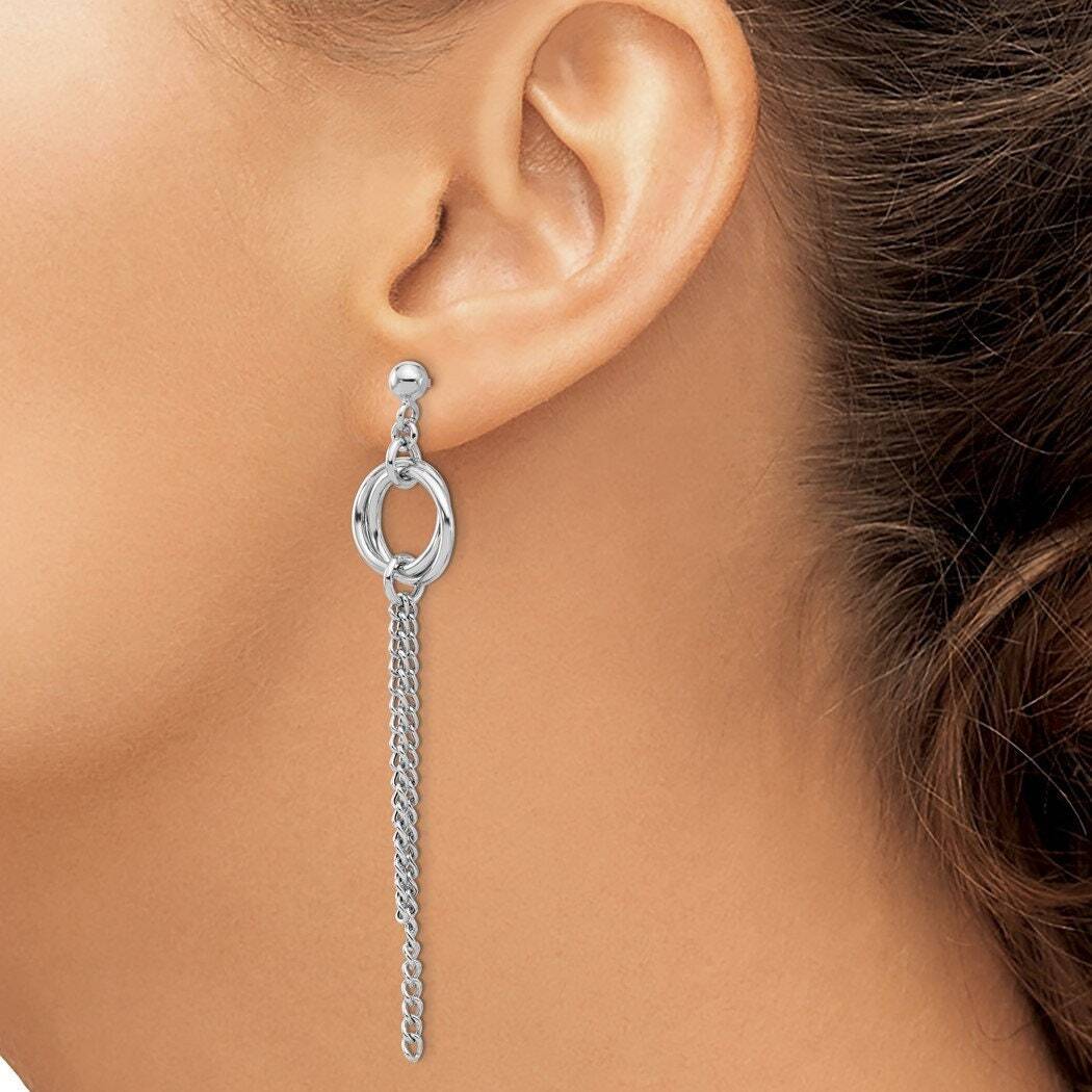 925 Sterling Silver Rhodium Plated Polished Circle Drop Chain Post Earrings -