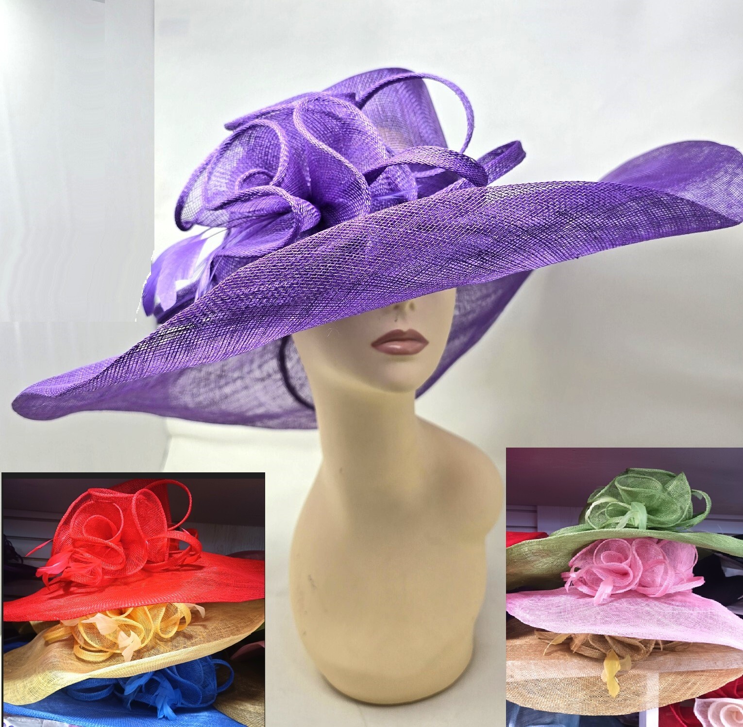 Wide Brim Sinamay Brooch Bow Kentucky Derby Wedding Hat Church Dressy Cocktail