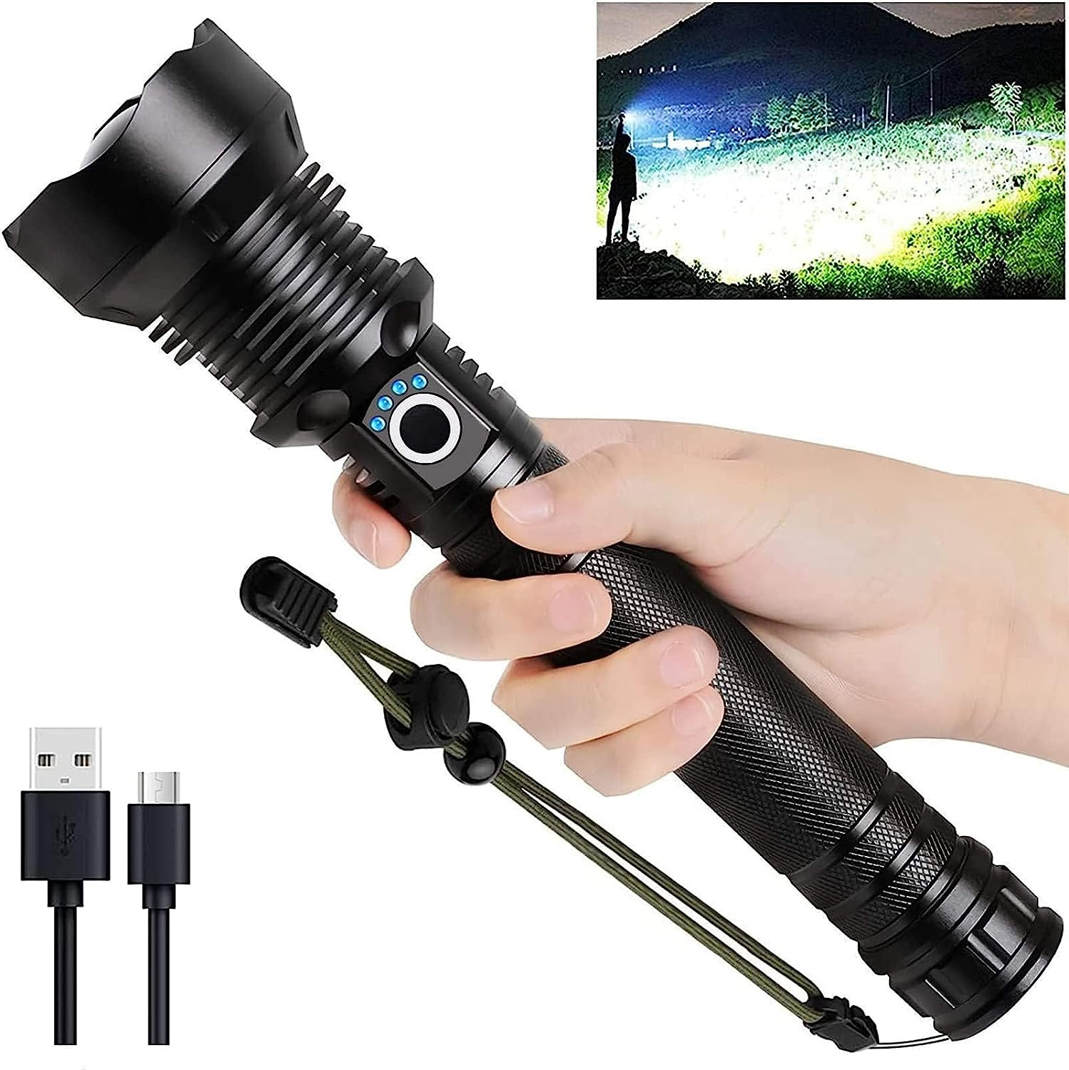 Super Bright 990000 Lumens Rechargeable LED Flashlight - 5 Modes, Waterproof