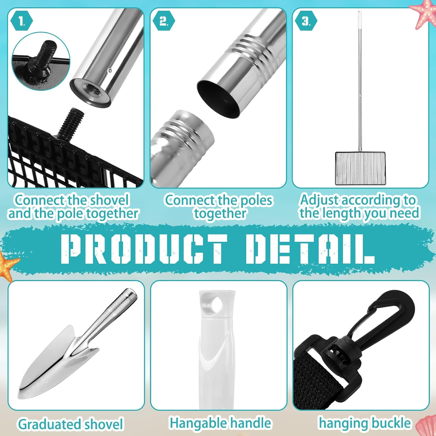 Sand Flea Rake 4 Pcs Stainless Steel Detachable Beach Sand Sifter Tool