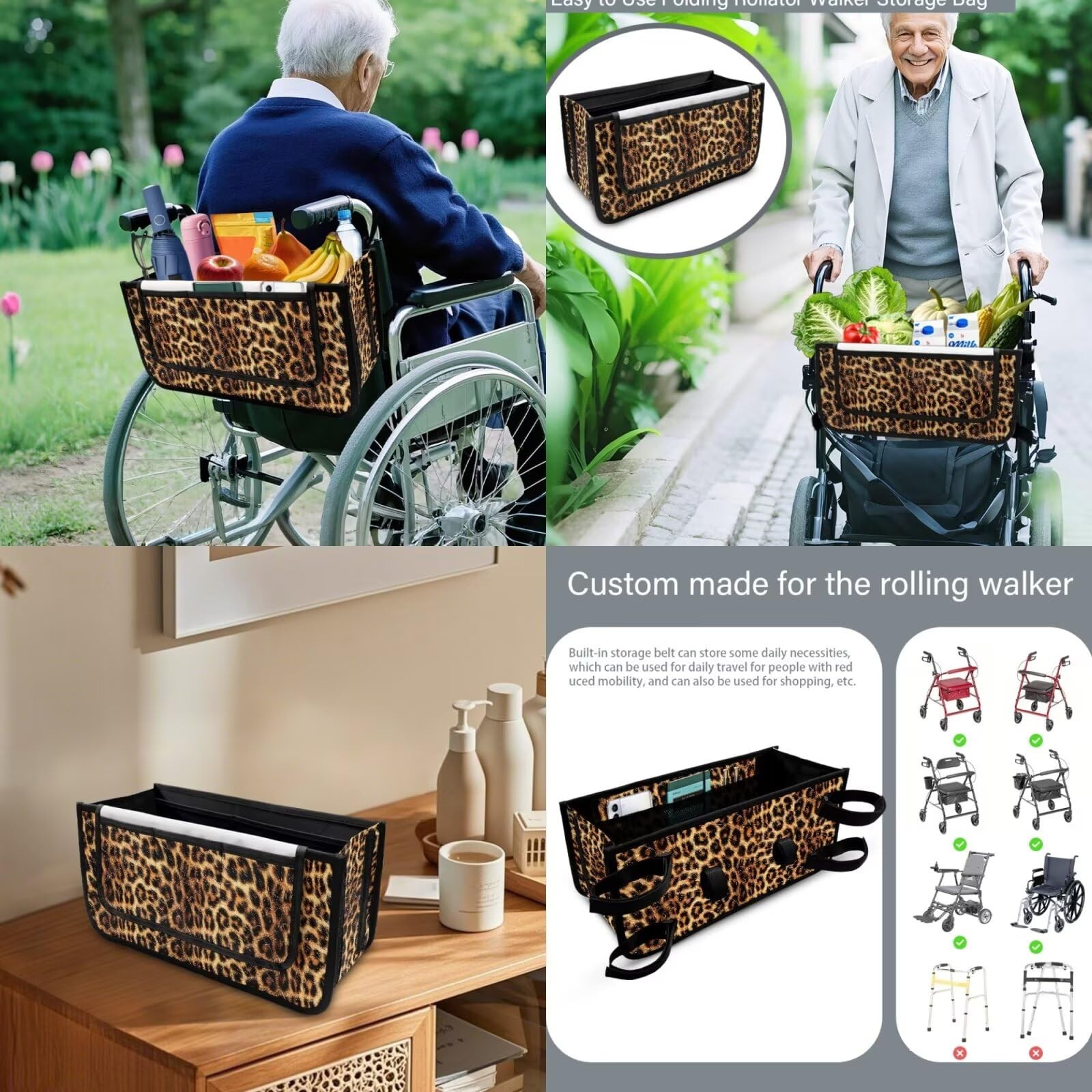 Leopard Print Rollator Walker Accessories 3 Pack Rollator Walker Seat and Bac...