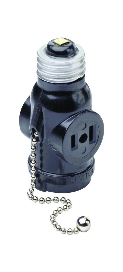 660 Watt, 125 Volt, Two Outlet With Pull Chain Socket Adapter, , Black