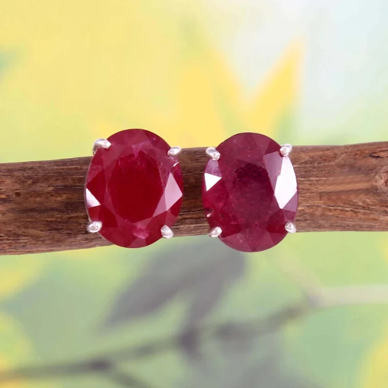 Natural Ruby 8x10mm Gemstone 925 Sterling Silver Handmade Stud For Gift Her