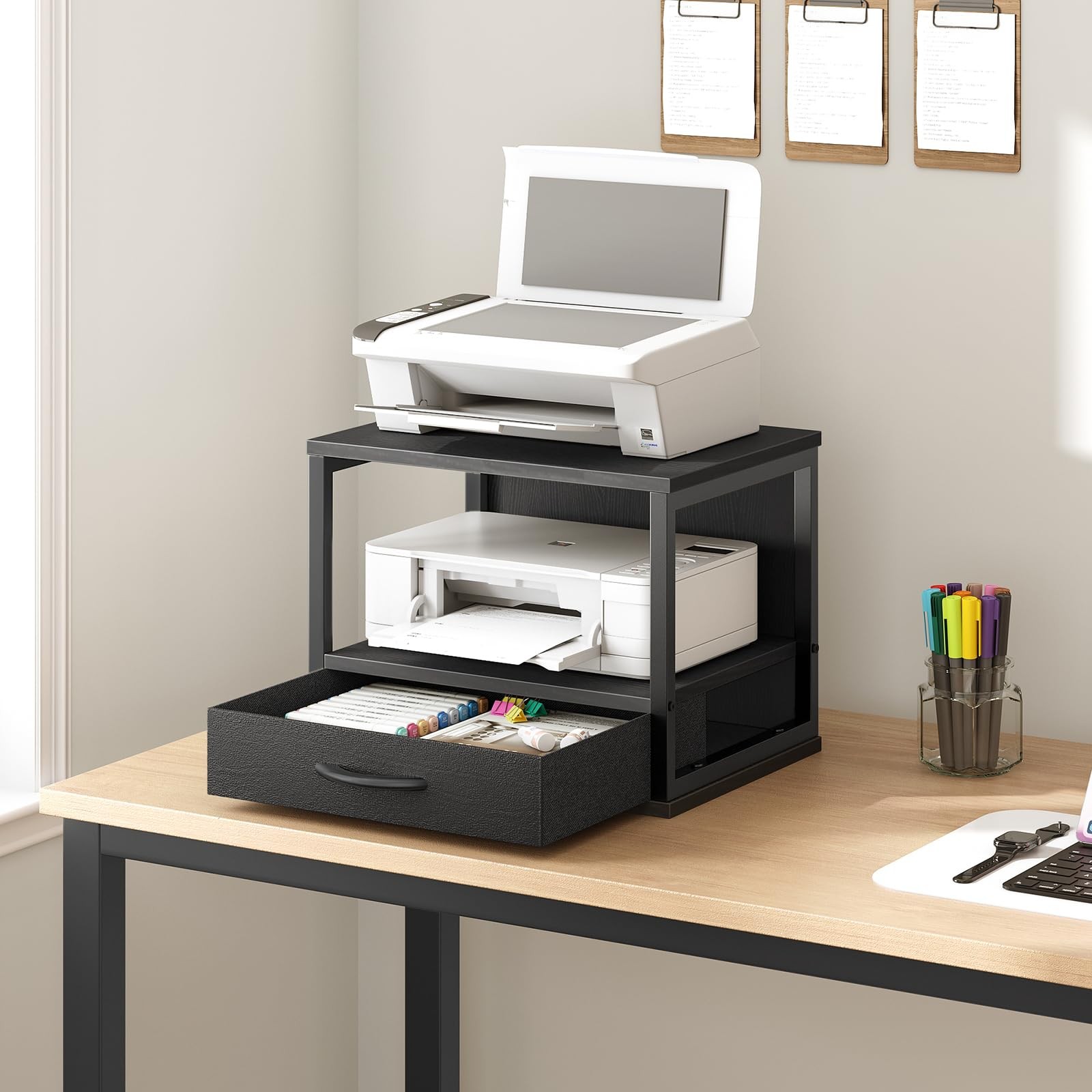 2Tier Desktop Printer Stand Drawer UnderDesk Storage Shelf Black BB07PS01