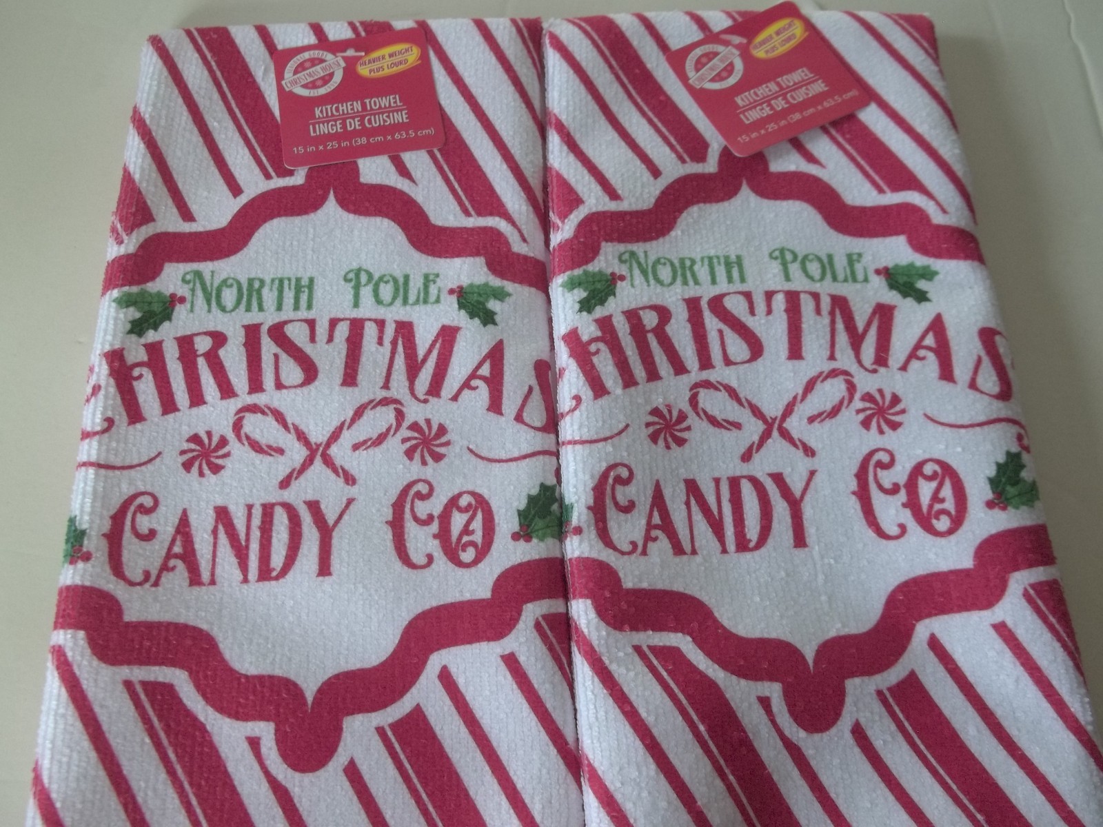2 Same Microfiber Towels (15"x25") CANDY CANES North Pole Christmas Candy Co