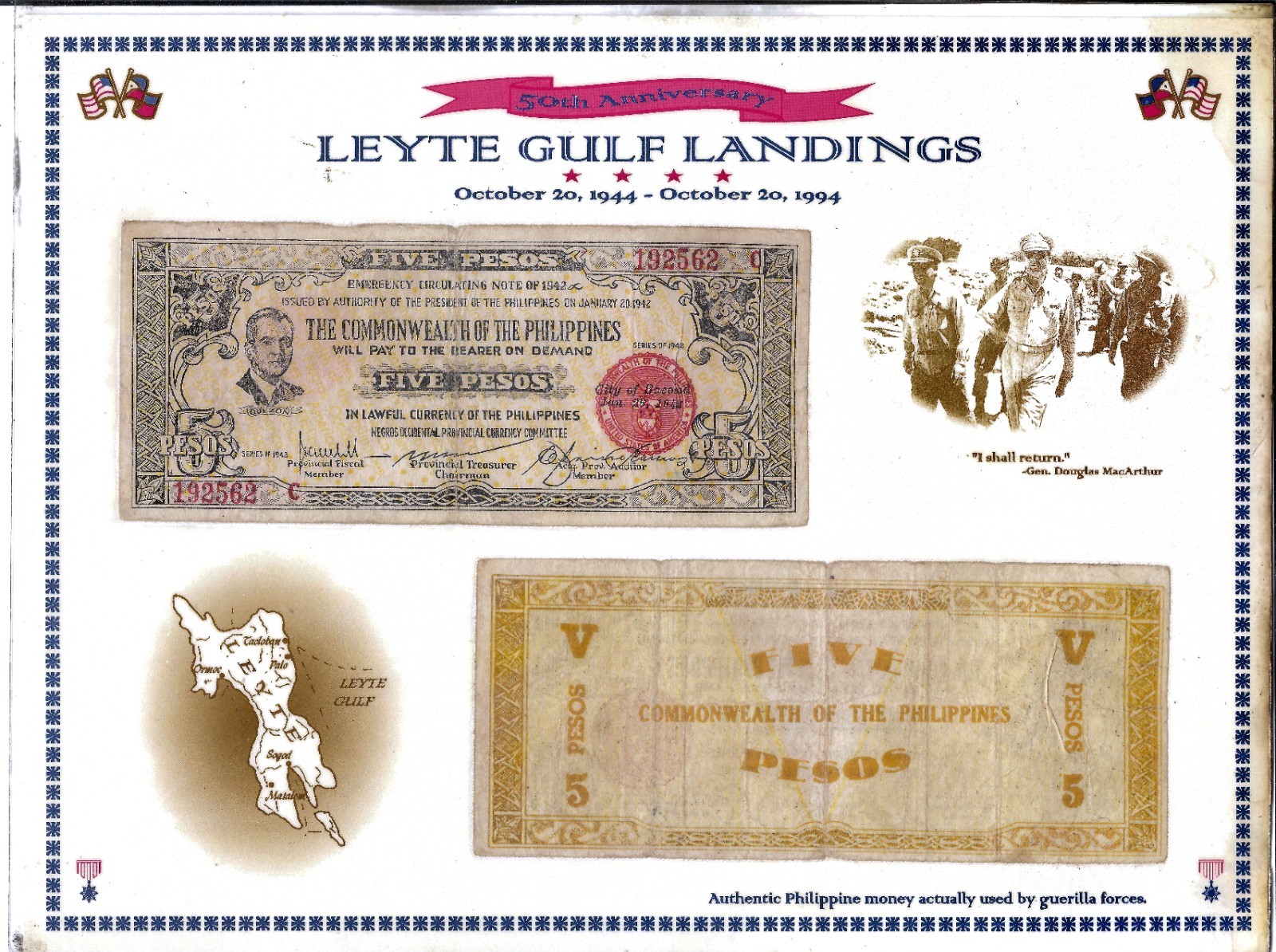 5 Peso 1942 US Philippines WW2 Iloilo Emergency Bank Note Laminated Currency Set