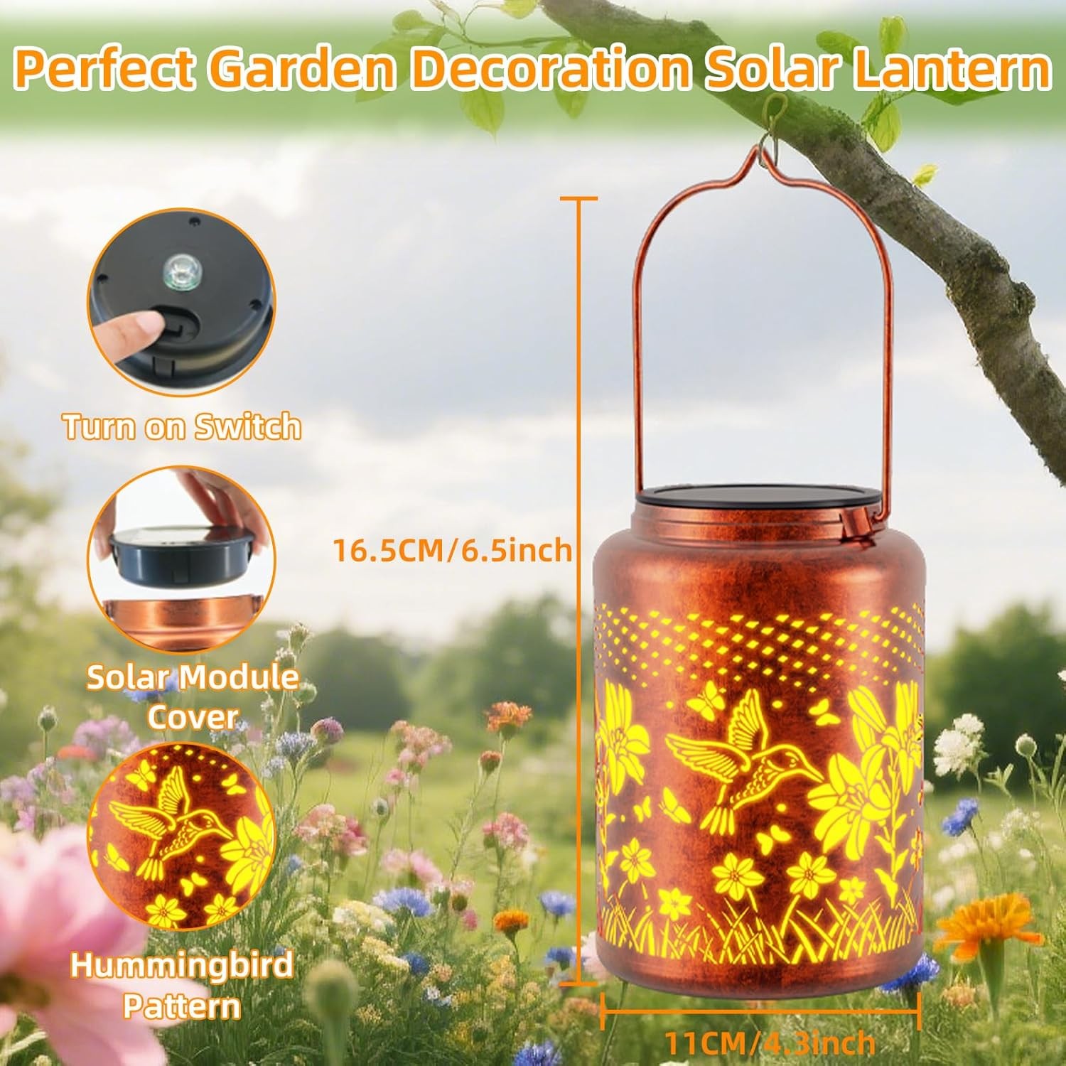 Solar Lantern Hanging Light LED Hummingbird Outdoor Garden Lamp Waterproof Decor