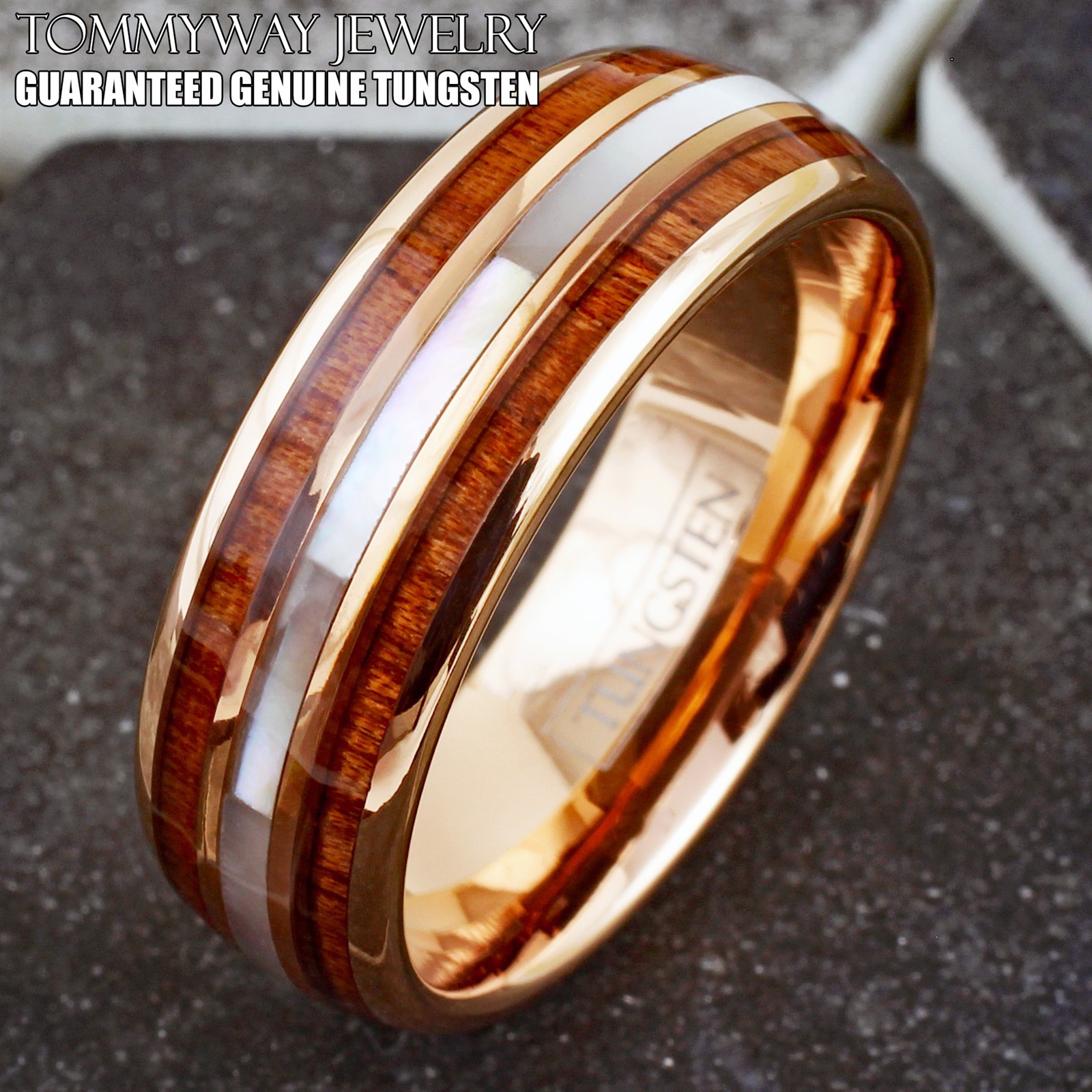 8mm Men's Rose Gold Plated Tungsten Mother of Pearl & Koa Wood Wedding Band Ring