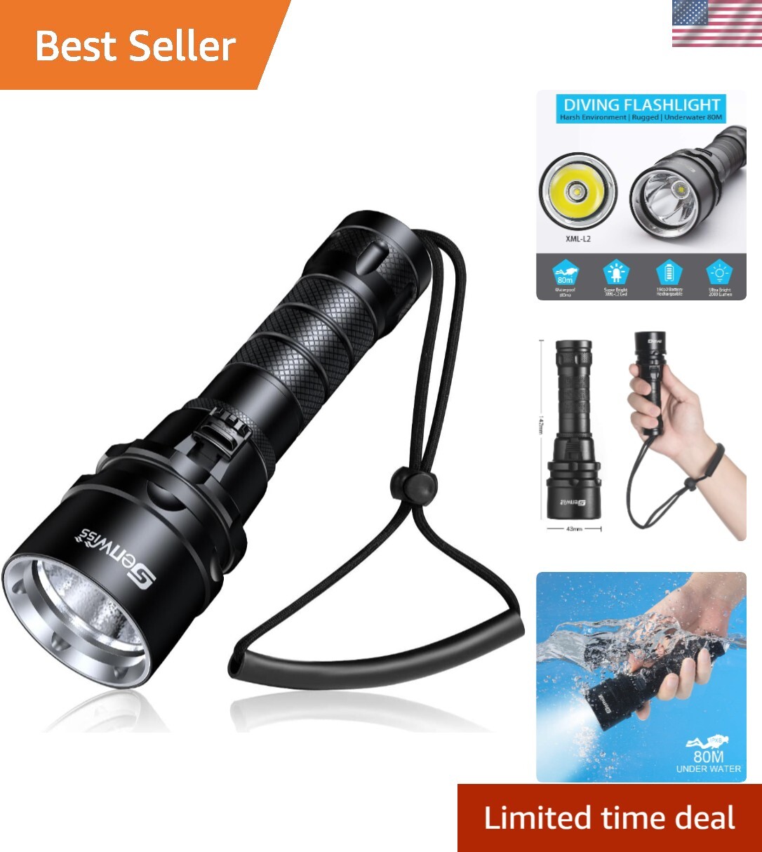 Robust 2000 Lumen Diving Flashlight with 2-Year Warranty - Rechargeable Battery