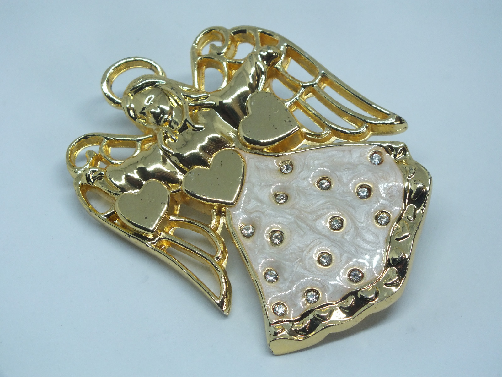Beautiful Brooch Gold Tone Angel Beige Enamel Clear Rhinestones Signed GORHAM