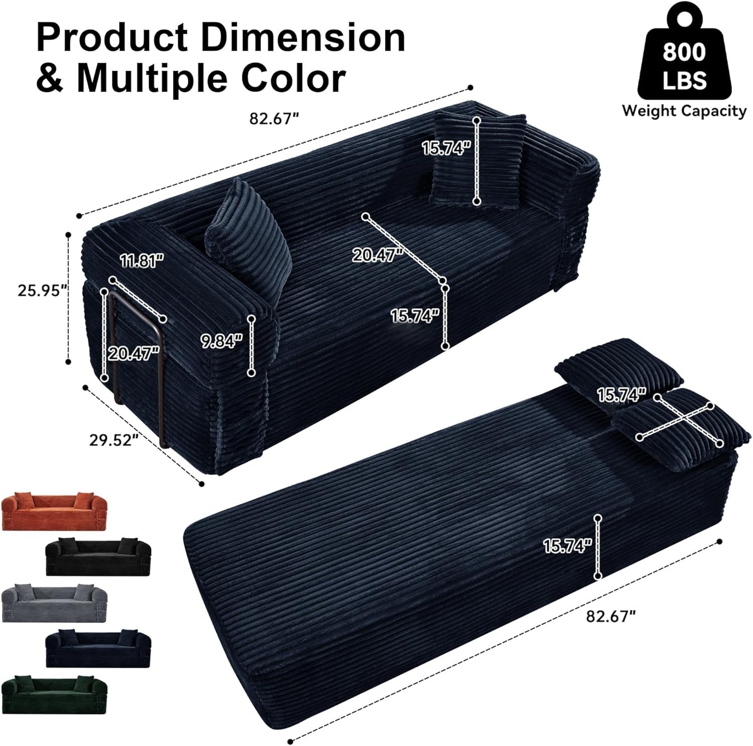 Boneless Convertible Couch Corduroy Sofa with 2 Pillows + Removable Backrest