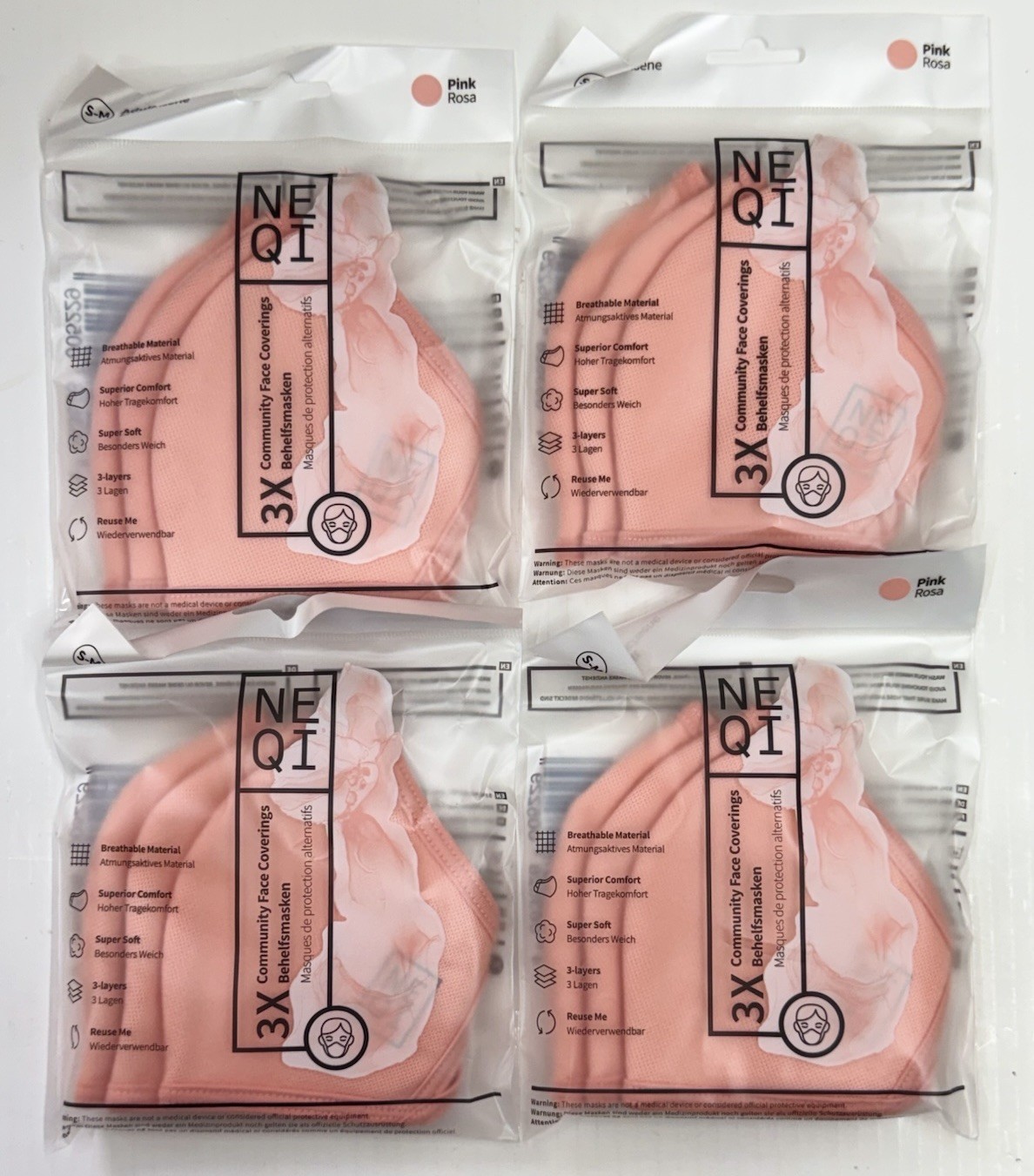 Lot Of 4 NEQI Face Masks Pink Reusable 3 Ply Adult S-M 12 Total