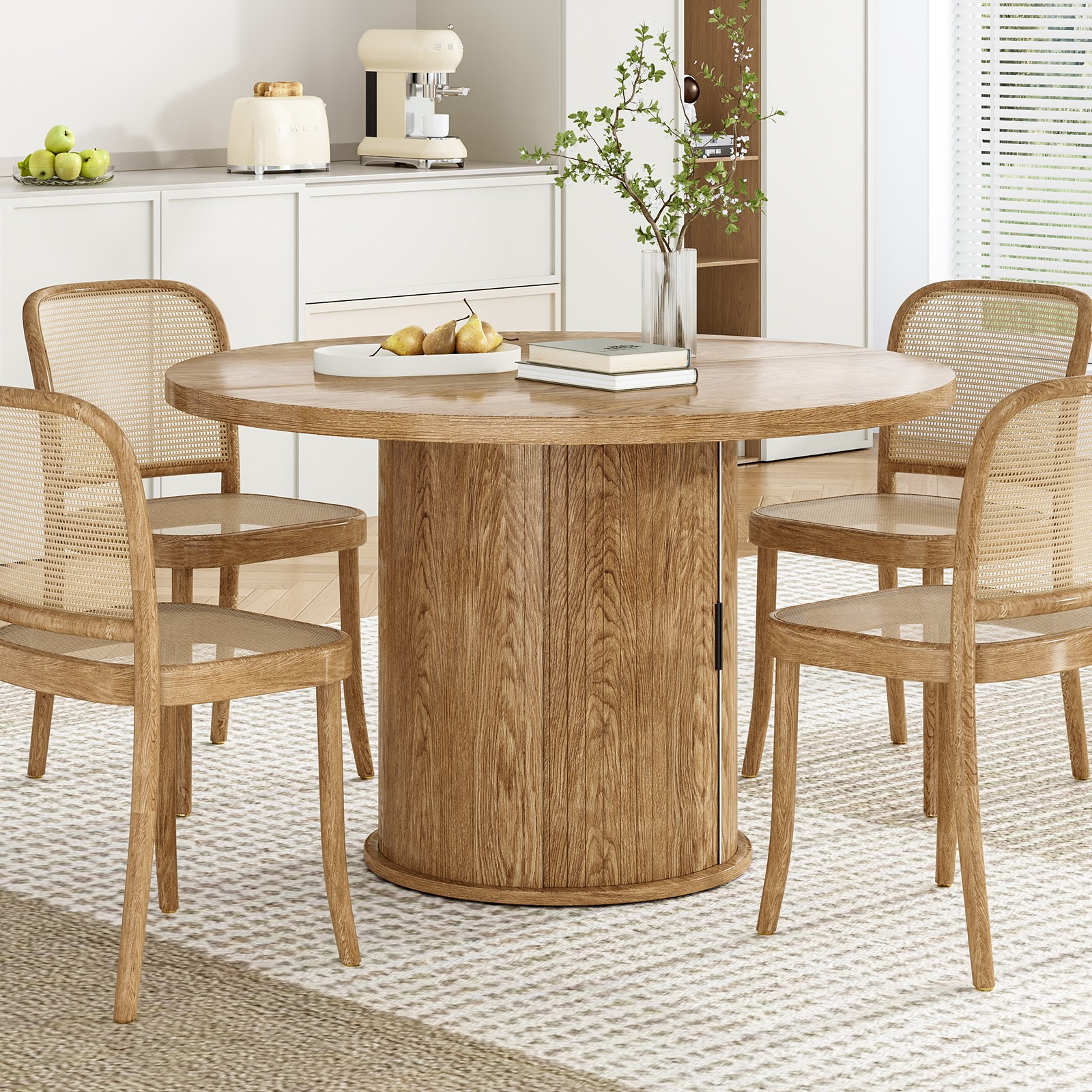 43" Round Dining Table for 4 People, Small Wood Kitchen Table with Sturdy Meta