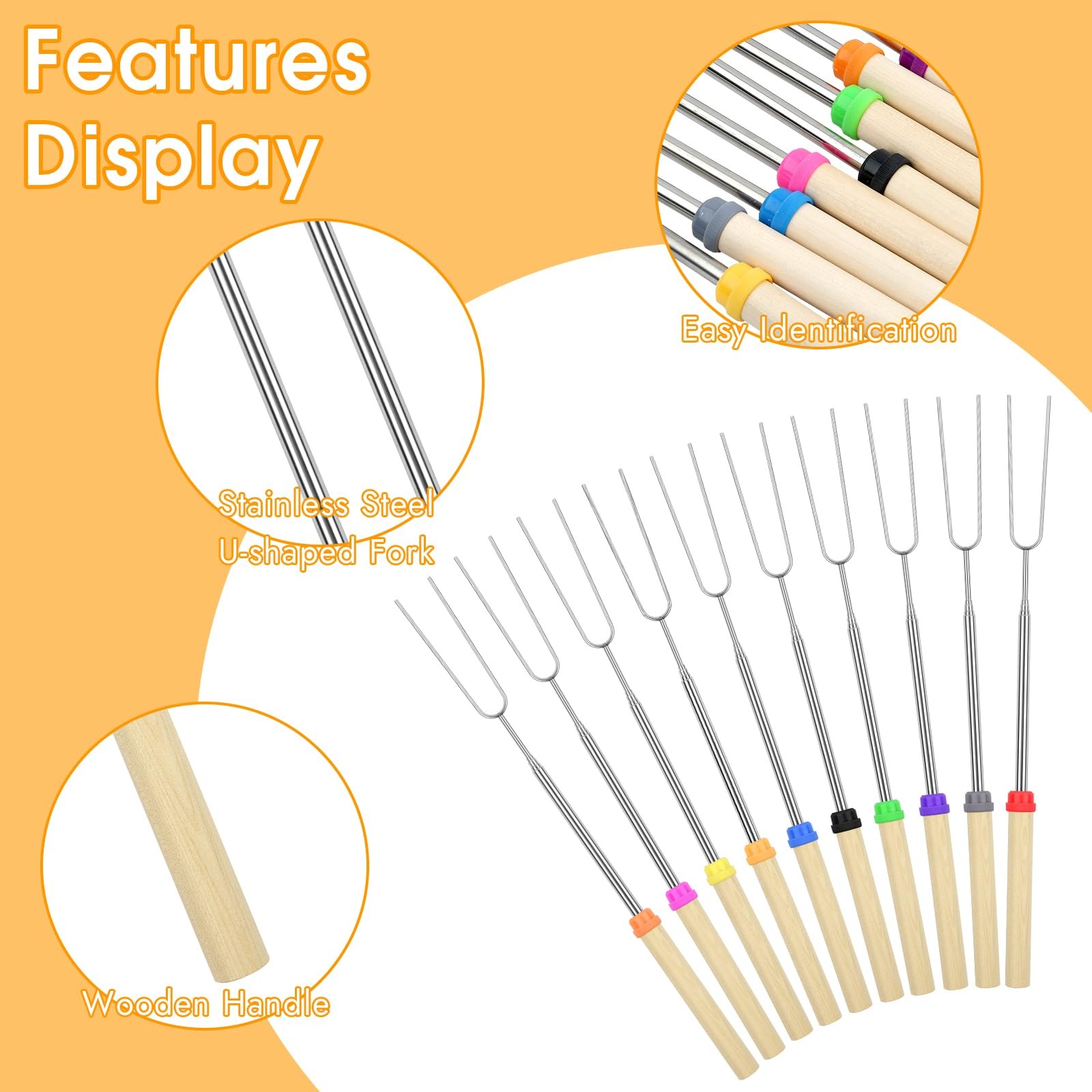10 Pack Smores Sticks, 32 Inch Marshmallow Roasting Sticks Fire Pit, Extendable