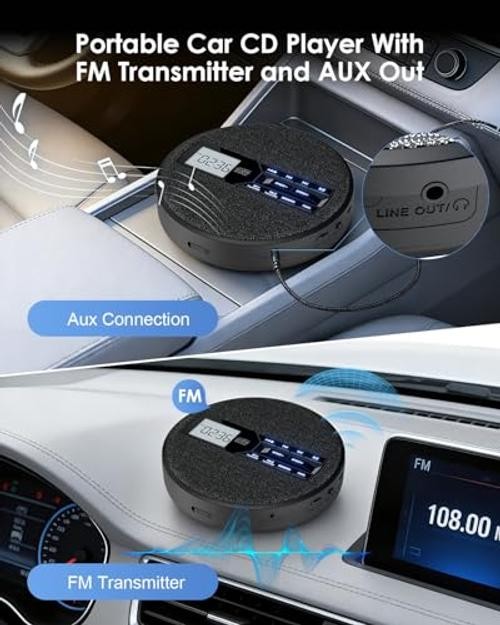 Portable CD Player with Bluetooth & FM Transmitter for Home & Car |