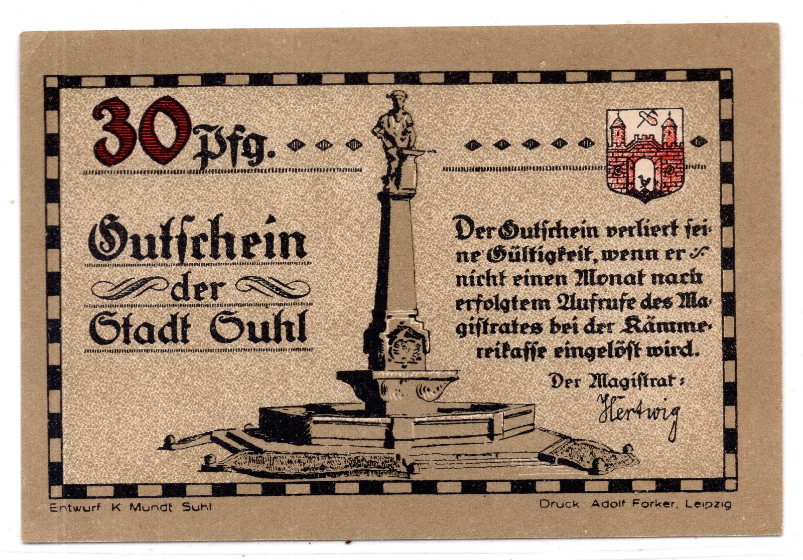 1922 Germany Suhl Notgeld 30 Pfennig Note (3667)