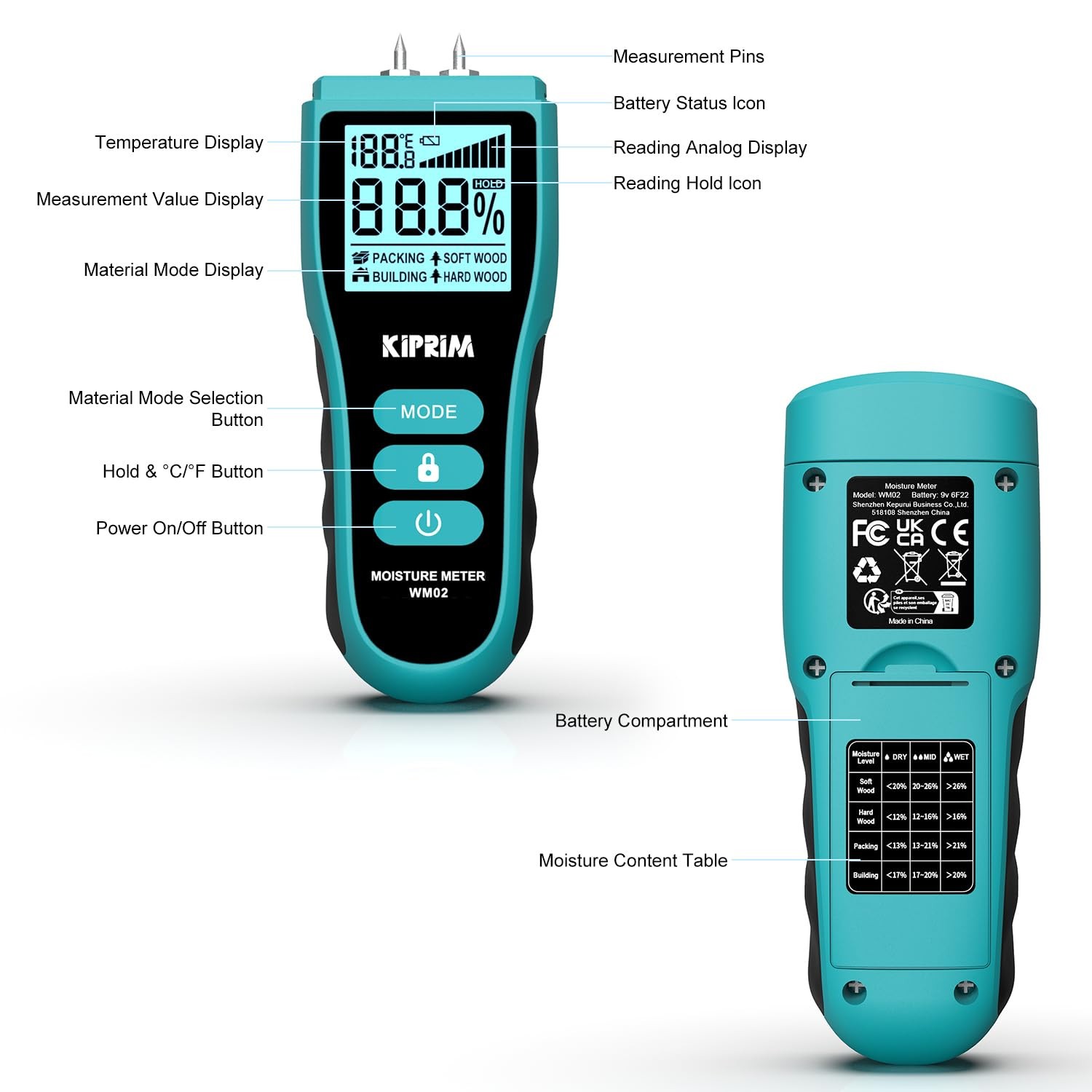 Kiprim Pin-Type Multi-Function Moisture Meter with LCD Display Model WM02