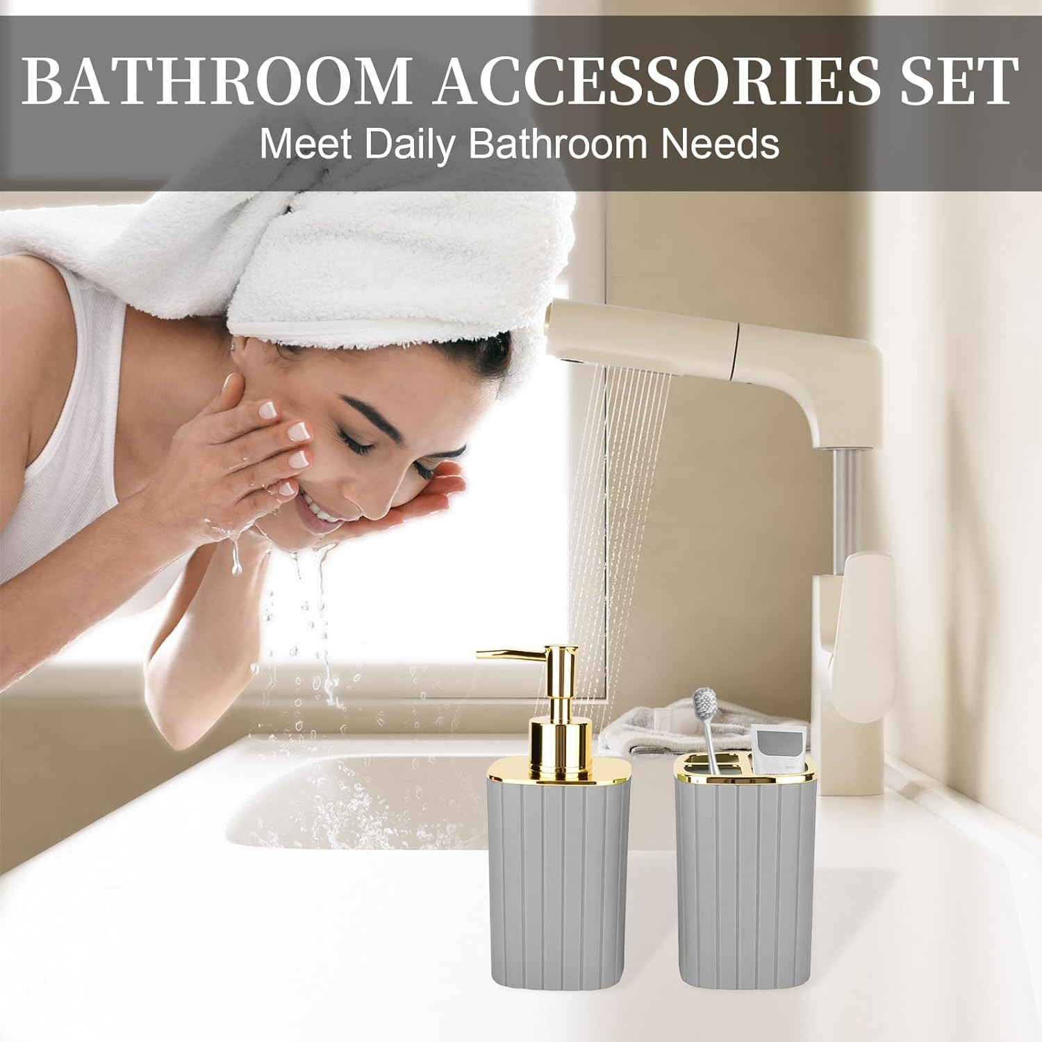 2PCS Bathroom Accessories Set, Grey Bathroom Accessories Include Soap Dispenser